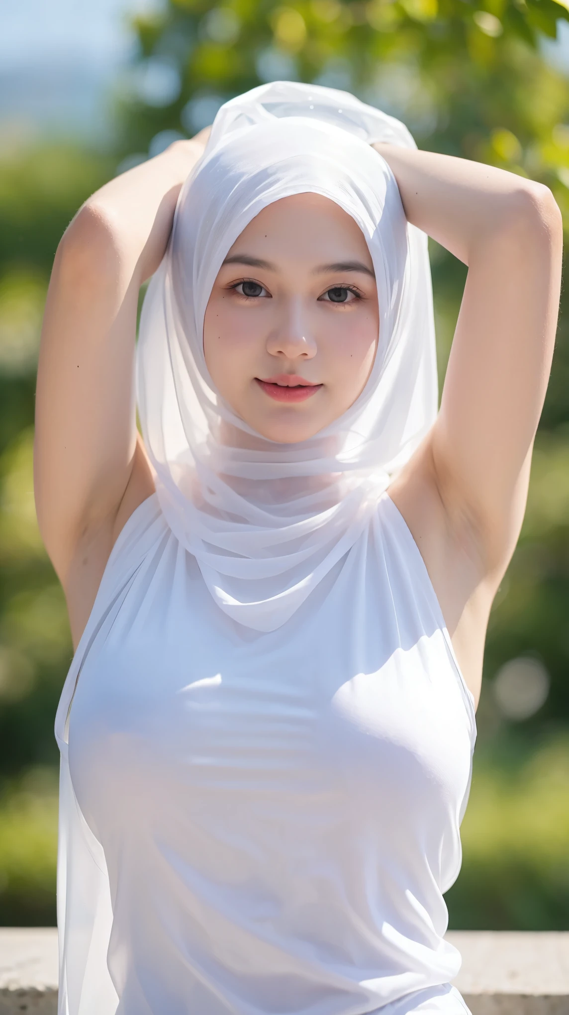 Baby Face , Beautiful Young 18 Years Old , Sleeveless , White Embroidery Hijab Women Potrait , ((Large Colossal Breasts)) , ((Transparent:1.3)) , Girly , Dynamic Pose , ((Muscles:1.1)) , ((Bokeh:1.1)) , EF 24-70mm f/2.8L II USM , Top of The Mountain , HDR