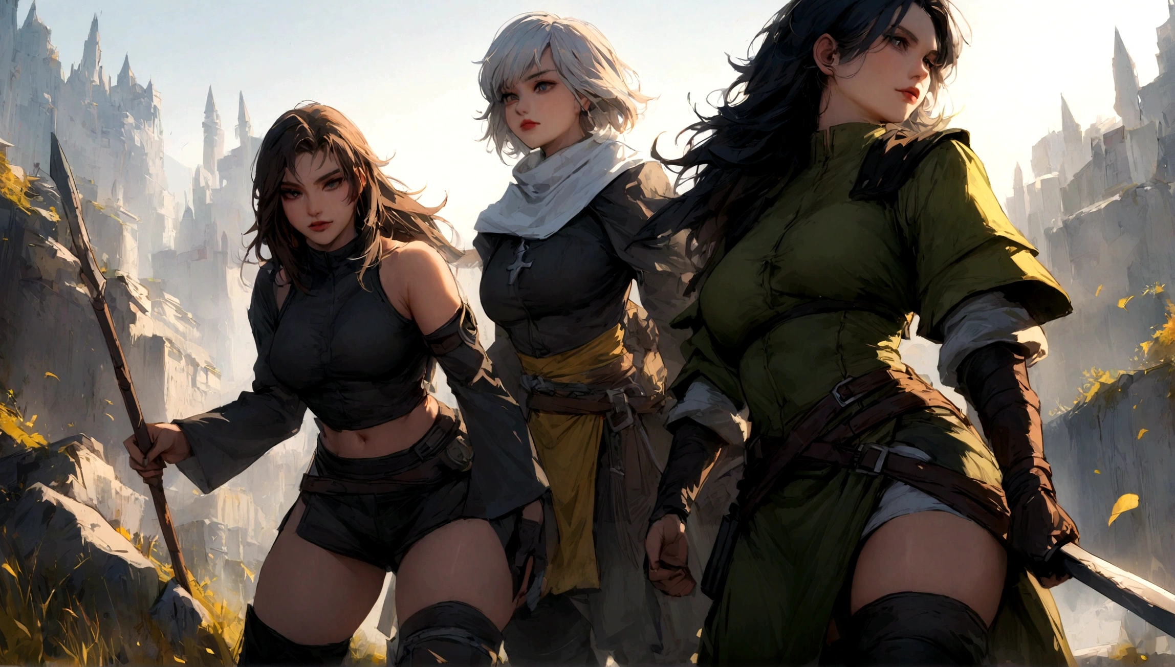 3 heroes female warrior class, female rogue, and female priest, the fallen city, a game world.