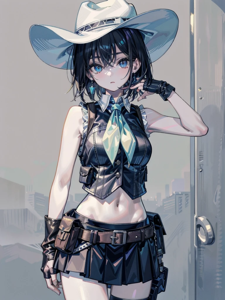 ((Best masterpiece, Perfect quality, Ultra detailed)), A skinny pilot girl with small breasts, Wearing antique top hat, Wearing cotton y-shirt, Steampunk