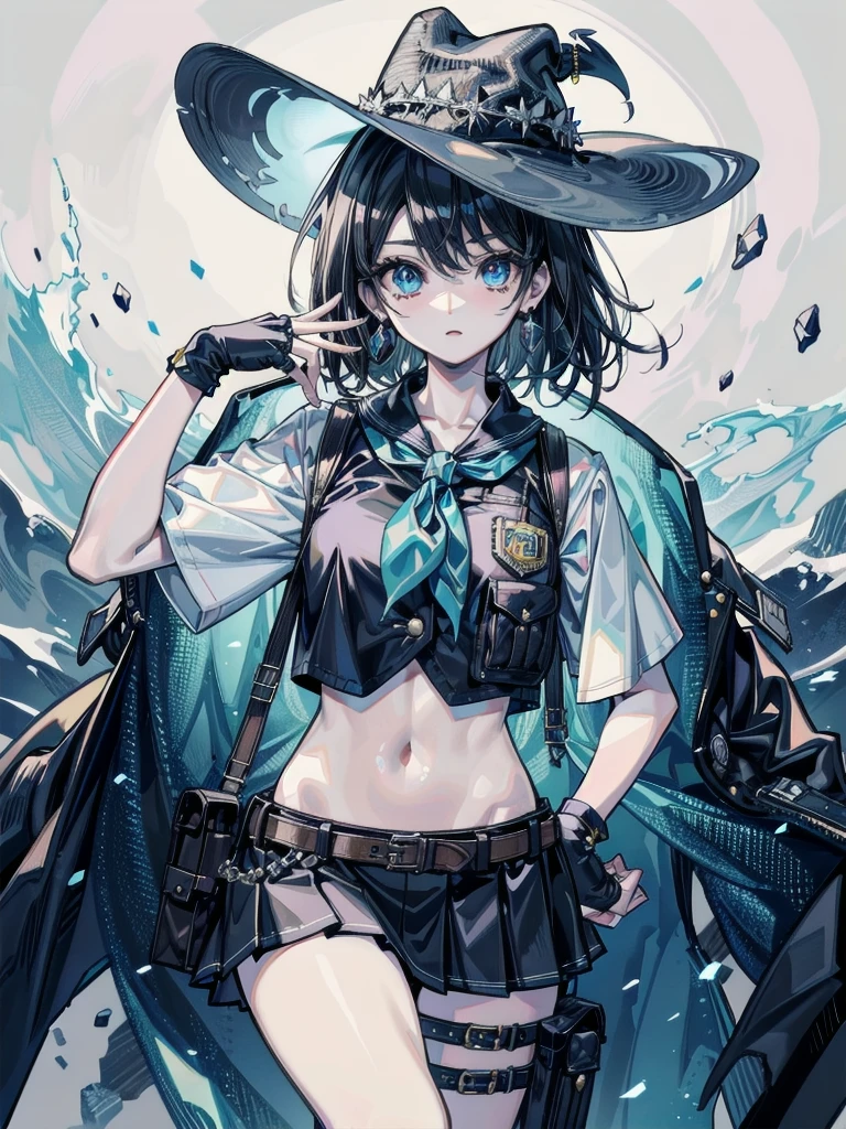 full body shot, cowgirl costume, vest, cowboy hat, fingerless gloves, midriff, neckerchief, short skirt, holster, absurdres, RAW photo, extremely delicate, extremely beautiful, masterpiece, Best Quality, ultra high resolution, 32k, hyperrealistic, ultra-detailed description, perfect anatomy, correct body, ideal ratio of body proportions, colorful image, pale skin, 20 years old, detailed beautiful face, detailed beautiful face eyes, tearful mole, earring, short medium hair, black hair, medium tits, 