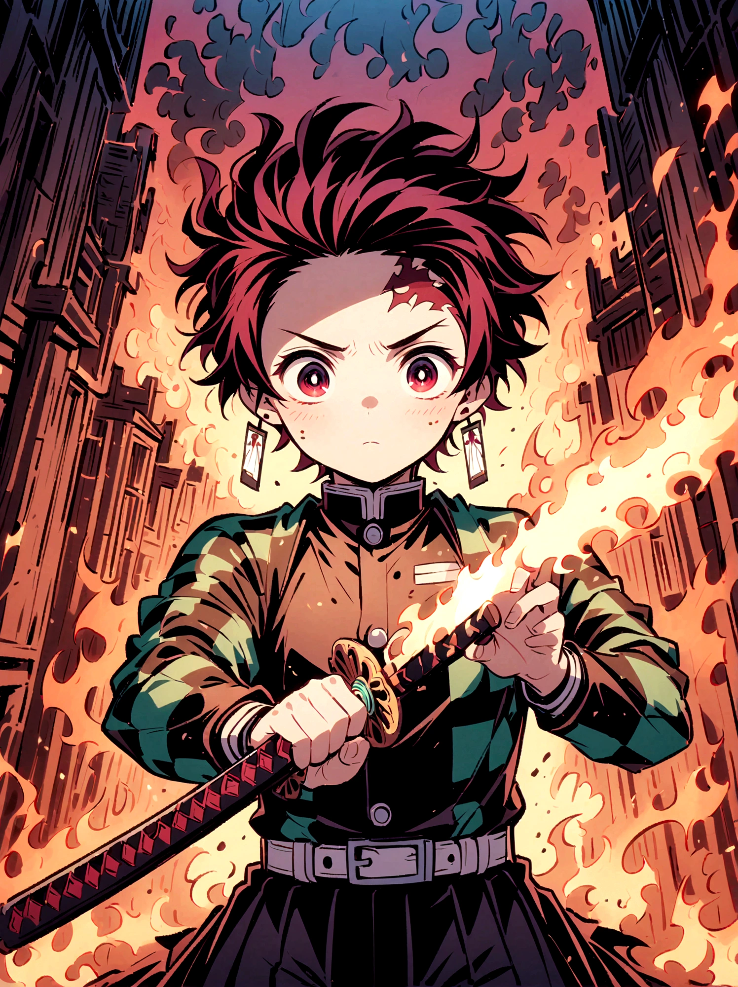 Kamado Tanjirou, Demon Slayer anime, Weapon Focus，Bright red hair, Sparkling red eyes，muscular，Intricate tattoos，(Holding a burning katana:1.5)，An element of danger and tension，Plaid clothes, demon slayer uniform, Black pants, fighting, Fire, explode, Dynamic poses, temple, Vision