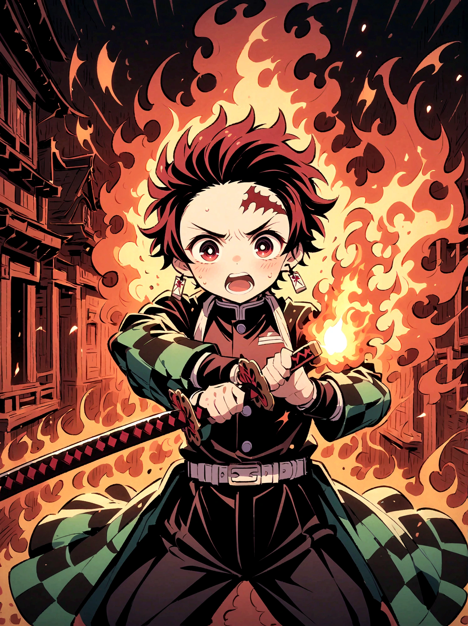 Kamado Tanjirou, Demon Slayer anime, Weapon Focus，Bright red hair, Sparkling red eyes，muscular，Intricate tattoos，(Holding a burning katana:1.5)，An element of danger and tension，Plaid clothes, demon slayer uniform, Black pants, fighting, Fire, explode, Dynamic poses, temple, Vision