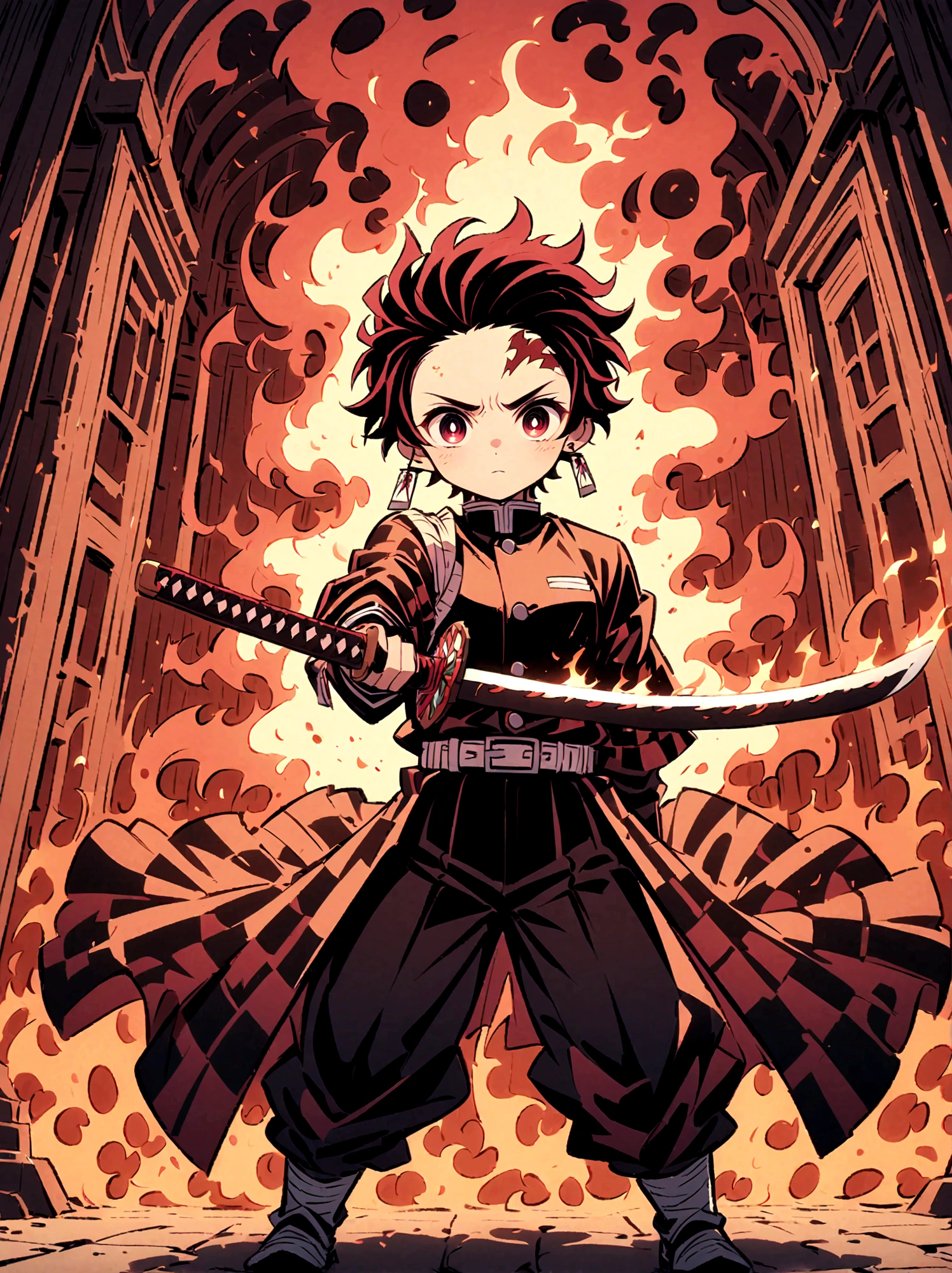 Kamado Tanjirou, Demon Slayer anime, Weapon Focus，Bright red hair, Sparkling red eyes，muscular，Intricate tattoos，(Holding a burning katana:1.5)，An element of danger and tension，Plaid clothes, demon slayer uniform, Black pants, fighting, Fire, explode, Dynamic poses, temple, Vision