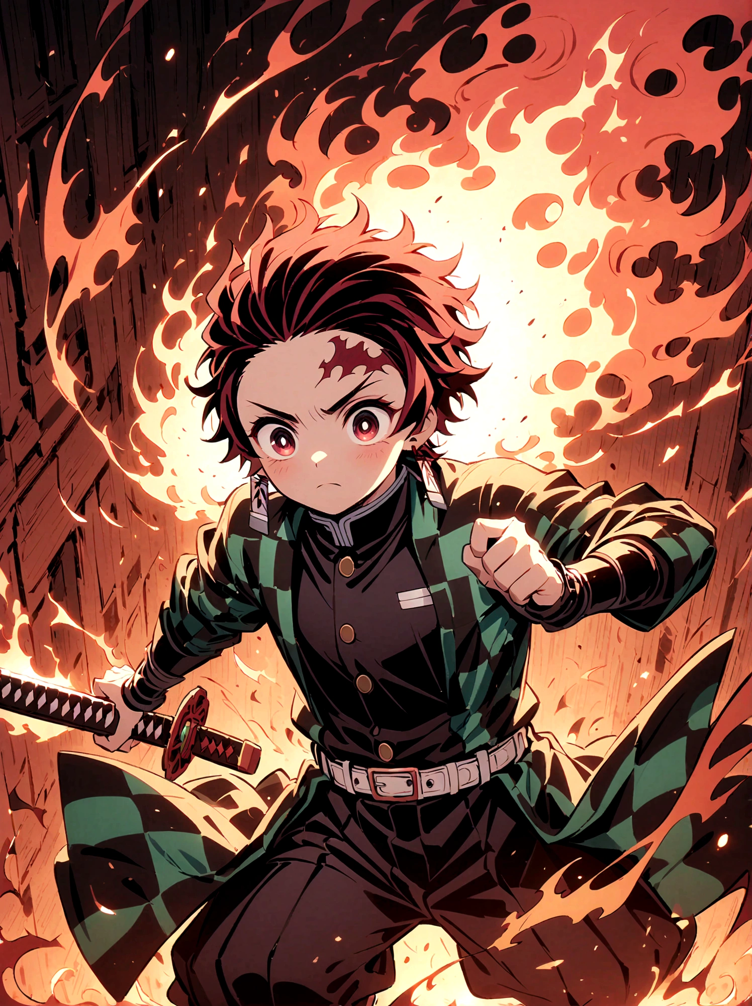 Kamado Tanjirou, Demon Slayer anime, Weapon Focus，Bright red hair, Sparkling red eyes，muscular，Intricate tattoos，(Holding a burning katana:1.5)，An element of danger and tension，Plaid clothes, demon slayer uniform, Black pants, fighting, Fire, explode, Dynamic poses, temple, Vision