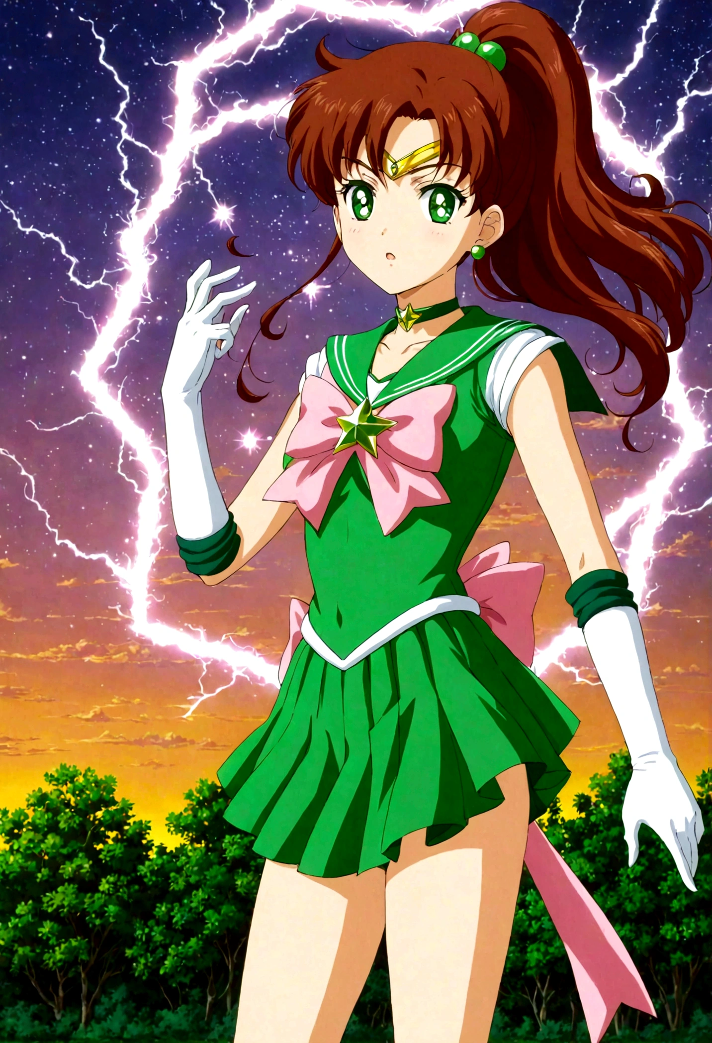 Sailor Jupiter bringing the thunder! masterpiece, best quality, 1girl, solo, looking at viewer, facing viewer, night, anime screencap,1990s \(style\), (art by Naoko Takeuchi), EPsmSailorJupiter, green eyes, brown hair, long hair, ponytail, hair ornament, hair bobbles, brooch, heart brooch, jewelry, tiara, choker, green choker, star choker, skirt, green skirt, pleated skirt, bow, back bow,  pink bow,  gloves, white gloves, elbow gloves, earrings, sailor collar, star (symbol), green sailor collar, sailor senshi uniform, determined face, hands in the air, standing ready to fight, lighting bolts shooting from her tiara