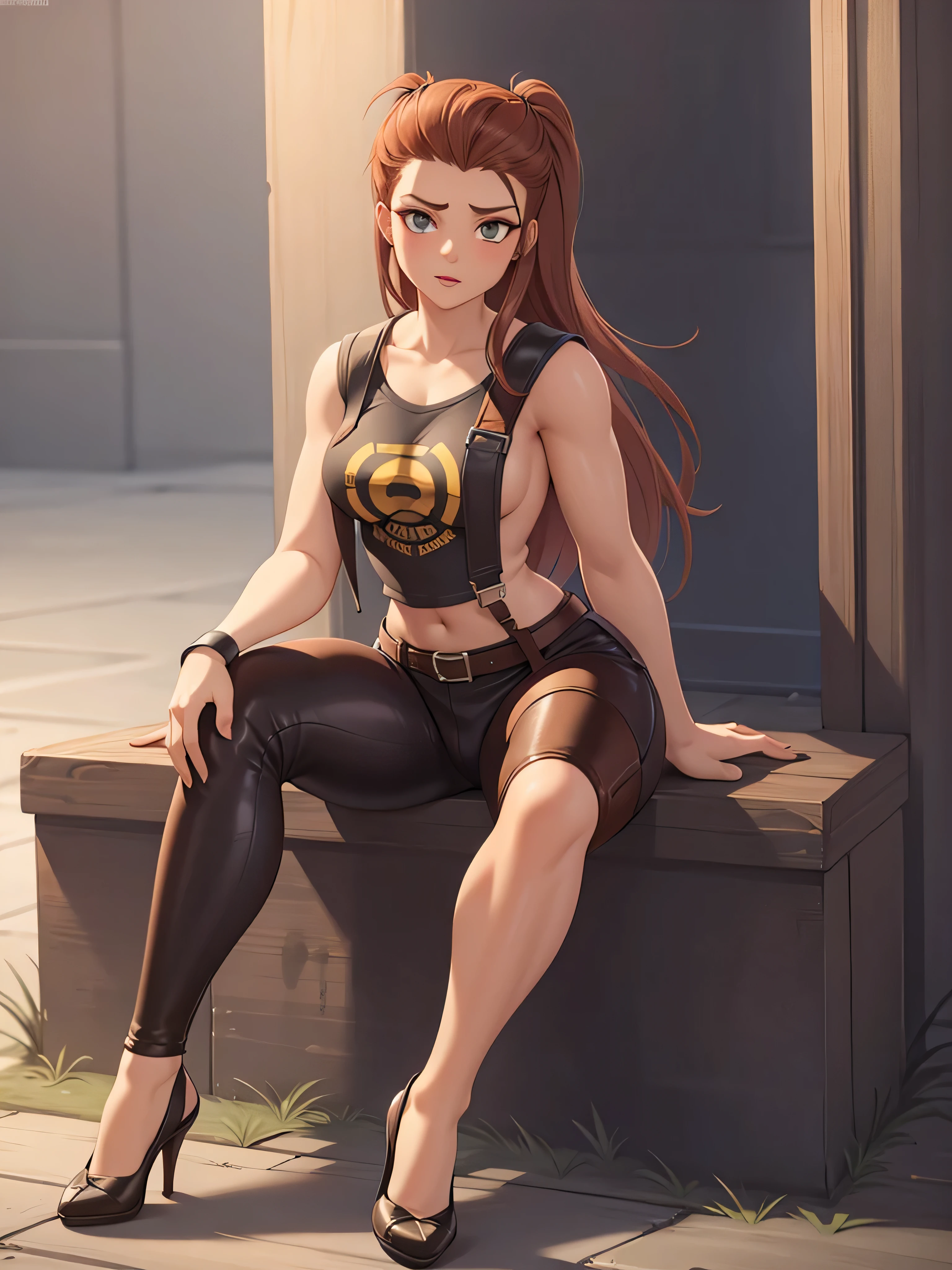 brigitte overwatch , thighs, full body, high heels, nude tits, sitting, leather pants, wide hips