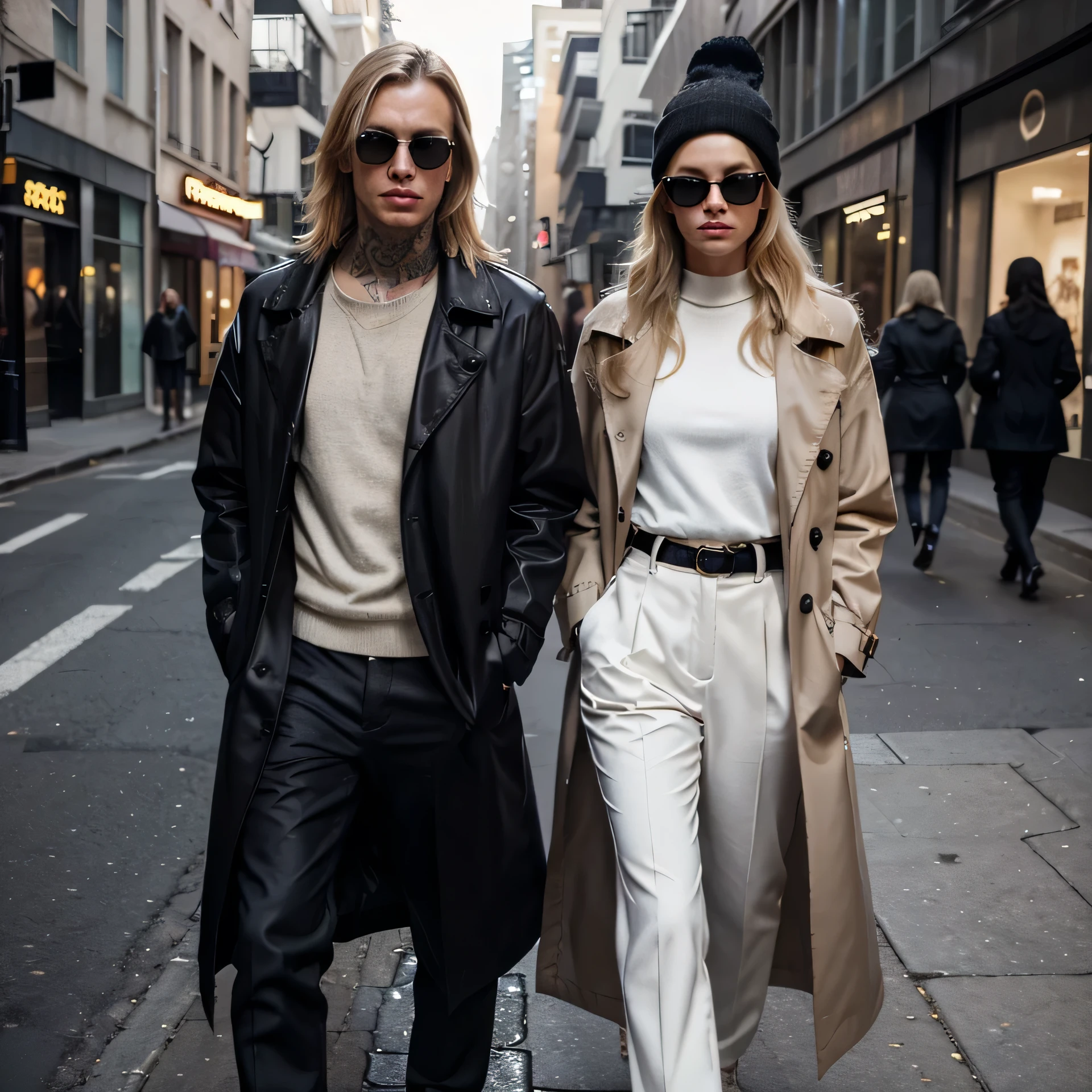 "A realistic detailed image of a blonde female and male model wearing oversized trench coats and office trousers in the streetwear style of Tom Ford . They have tattoos on her body and is wearing dark square sunglasses. The models are standing on the street, fully clothed and in a non-nude pose. Completing the ensemble, they are both wearing a winter oversize beanies, adding a touch of casual flair to the overall look." Color palette: metalic yellow, white, light purple and black