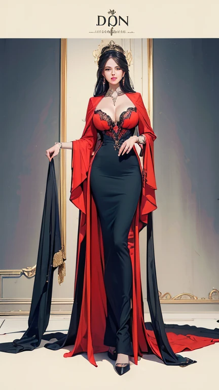 ((best quality,4k,High resolution,masterpiece:1.2)),((Character Concept Art)), (((Full breasts,)))(((Large Breasts))) (((Cleavage))),1 female, Lucien Chevalier, Famous opera singer, The Marquis&#39;s close friend in art and culture. Her stunning beauty is as charming as her voice. She subtly influenced the cultural world，and plays a leading role in decisions affecting arts sponsorship, Make her a potential asset or liability. ((Intricate details)), Very delicate hands, Extremely fine fingers(((Ten fingers))), Wearing a red Christian Dior Haute Couture evening gown，Deep V low-cut design，Side slits. She wore a Christian Dior belted jacket over her gown, Create an hourglass silhouette. She paired it with Christian Dior J&#39;adior slingback high heels. She carries a Christian Dior Lady Dior handbag, A Christian Dior Mitzah scarf is elegantly tied around her neck.. She matched her look with Christian Dior Tribales earrings. Her eyes are full of confidence and charm, It reflects her noble status and charming personality, (stand gracefully), (Full body display), (revealing the whole body), (No logos on background), (No logo), ((Solid color background)), ((Solid color background)), (((Empty background))).