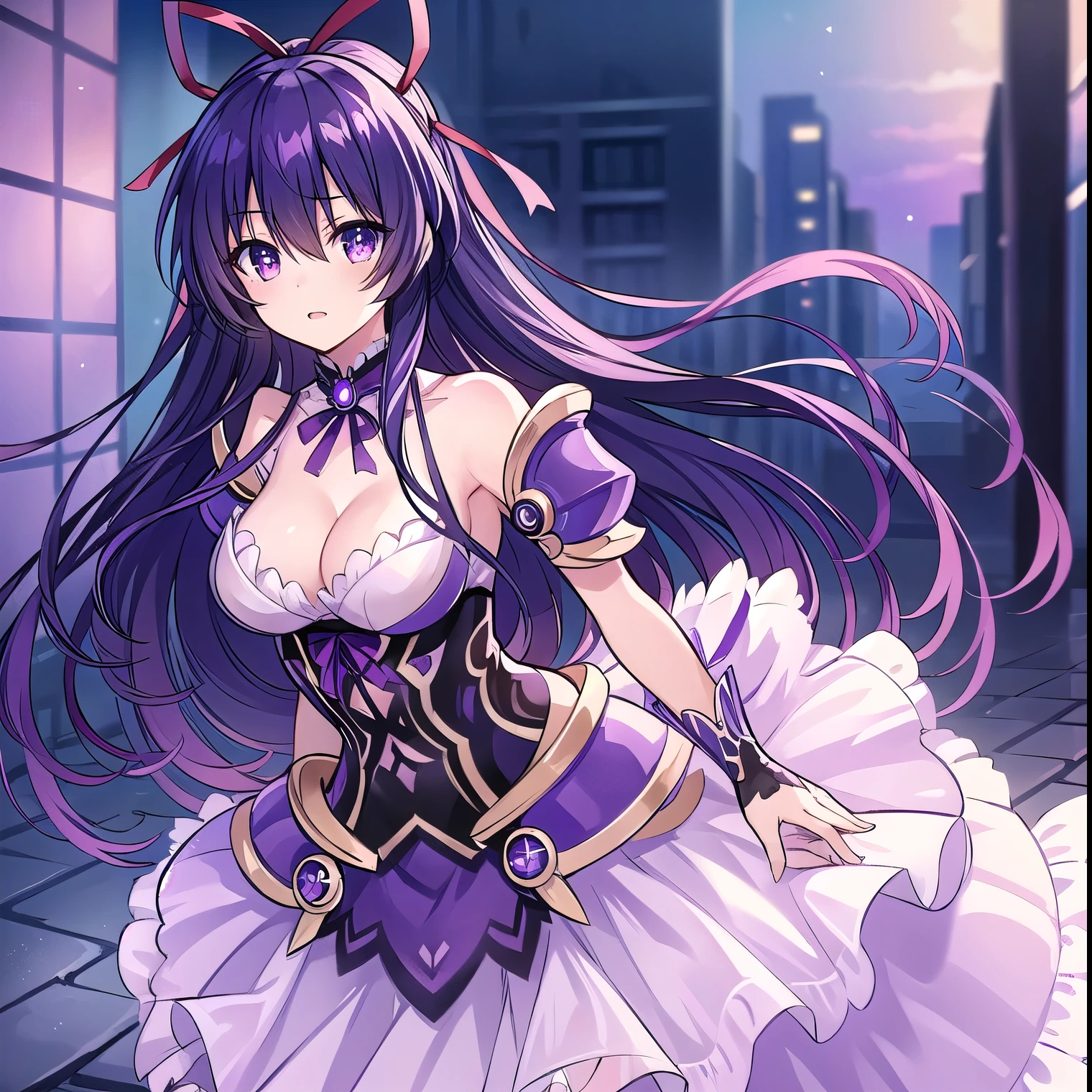 1girl,alone,tohka yatogami, hair ribbon, (purple eyes: 1.1), purple hair, long hair, ribbon, armor, armored dress, choker, dress, gloves, shoulder pads, shoulder pads, big breasts, medium waist, wide hips, medium thighs, sexy body, sexy pose, curvy body, standing, hand on chest, city, streets, al outdoors,looking at viewer,backwards,from behind,focus on ass,round butt,pov(from below), (masterpiece: 1.2), best quality, high resolution, Unity 8k wallpaper, (artwork: 0.8 ), (beautiful detailed eyes: 1.6), extremely detailed face, perfect lighting, detailed CG (perfect hands, perfect anatomy),
