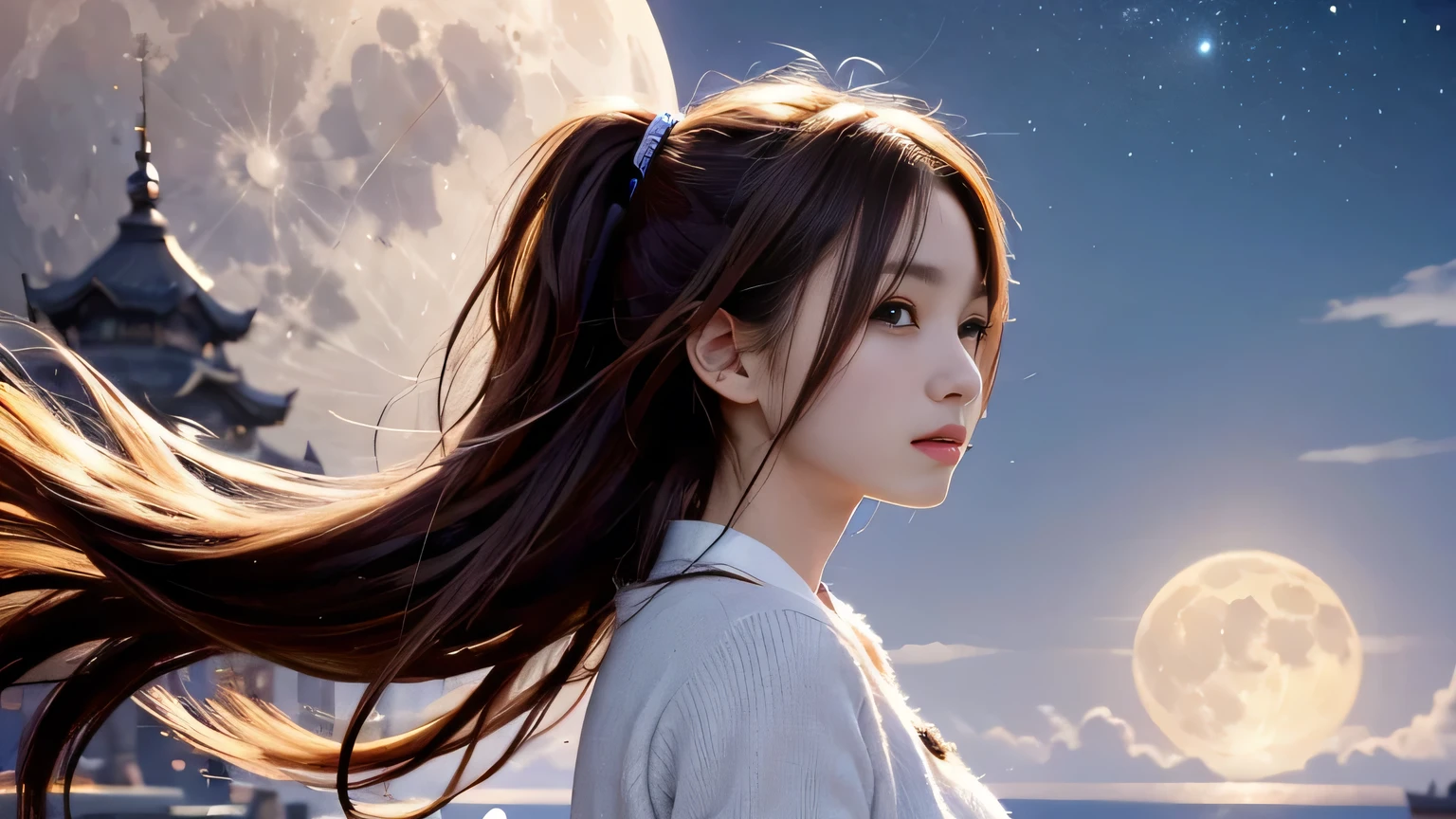 A 20-year-old Japanese woman with a beautiful profile like a popular actress。For crystal clear white skin、A slightly sad expression, as if she had been heartbroken。Her very long and beautiful hair is impressive.。Wearing the latest fashionable clothes。A large moon is floating in the background。Realistic images as if they were taken with a high-performance camera。High image quality。