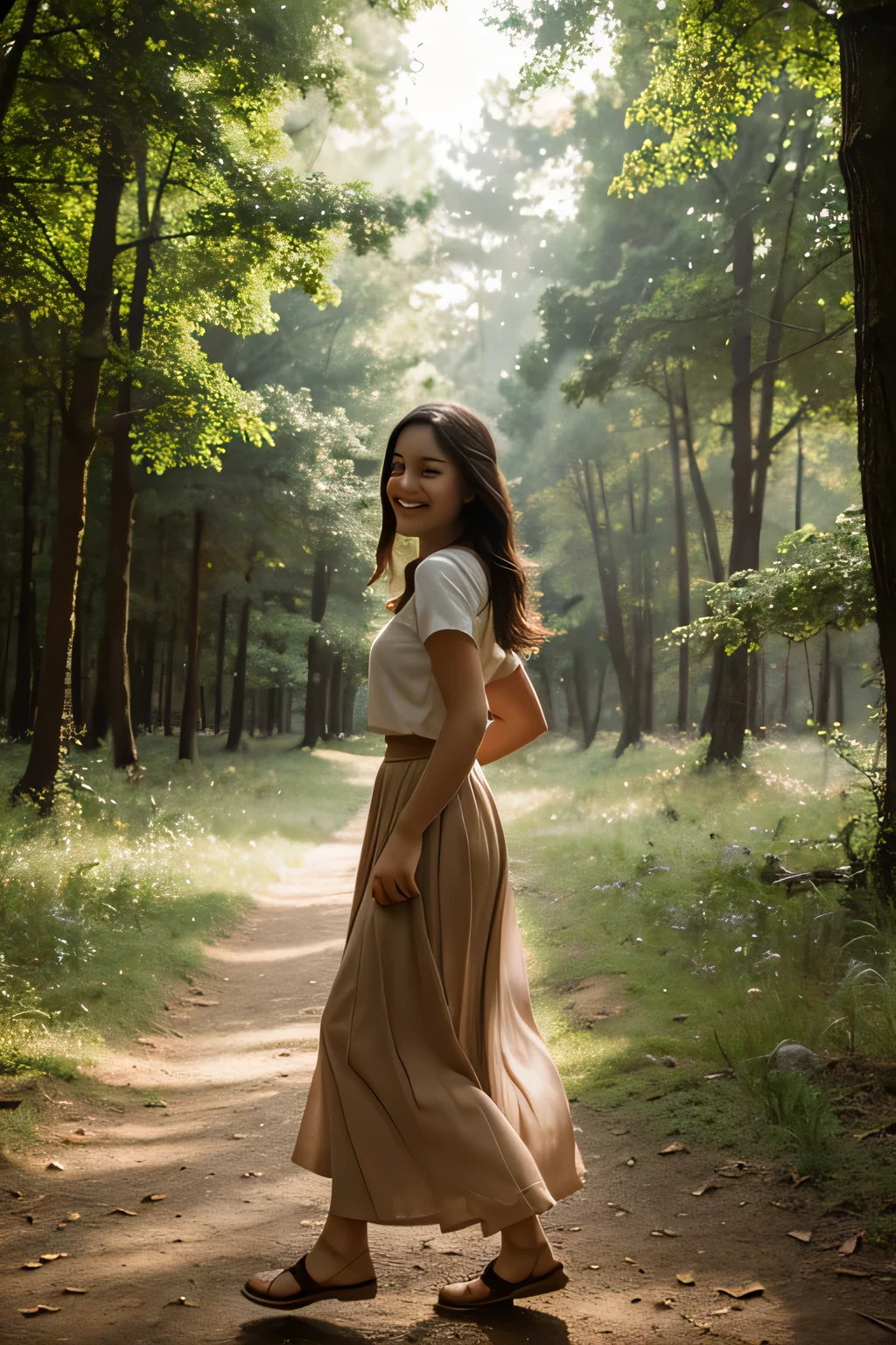 high resolution, (official art, beautiful and beautiful: 1.2), Close view, vast world, girl, run, Refreshing smile, long skirt, distant horizon, forest, beauty of nature, inspiration, light effect