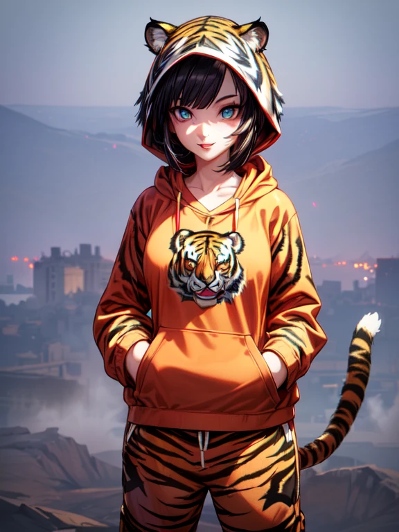 1 girl, (Cute Loose Bob hair) , anime, (wearing a tiger hoodie, capri sweatpants:1.5), (hands in pockets:1.5), (red lips:1.3) , (eyelashes:1.2), (detailed face), immersive background, volumetric haze, global illumination, (flowing hair), (bright smile), natural lighting, ((beautiful detailed eyes, symmetrical eyes)