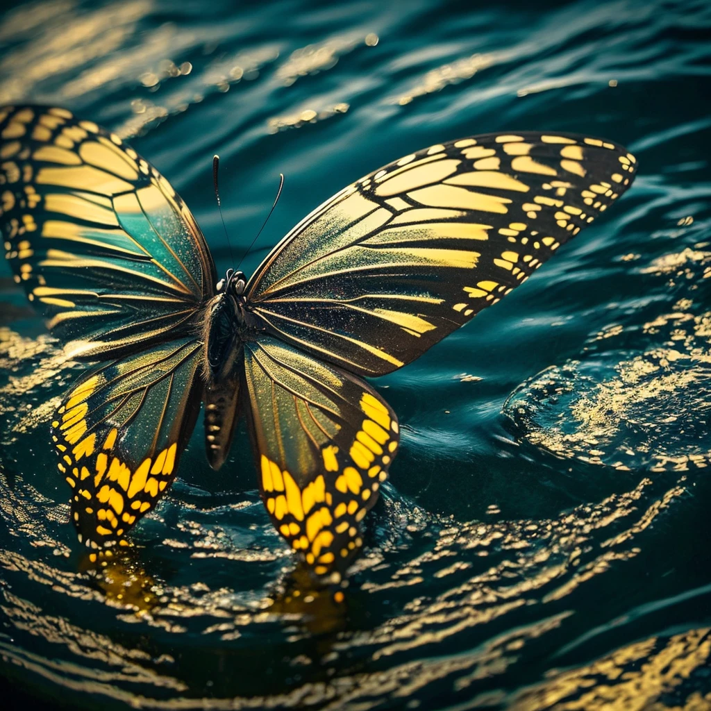 Close-up of a butterfly skimming the water's surface, wings showcasing intricate patterns, Miki Asai Macro photography style, hyper-detailed, trending on ArtStation, sharp focus, Greg Rutkowski-inspired studio photo, exquisite details, highly detailed, ultra-realistic, dramatic lighting.