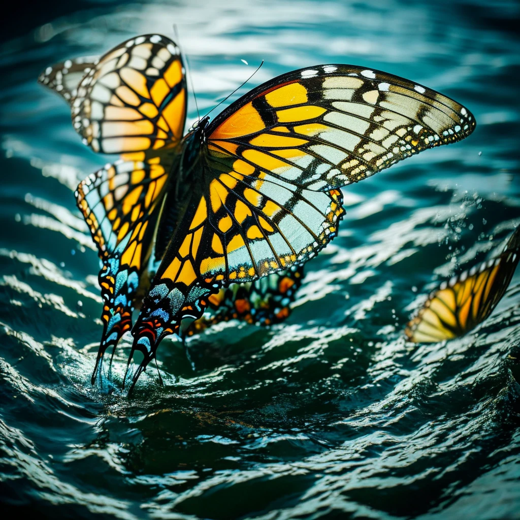 Close-up of a butterfly skimming the water's surface, wings showcasing intricate patterns, Miki Asai Macro photography style, hyper-detailed, trending on ArtStation, sharp focus, Greg Rutkowski-inspired studio photo, exquisite details, highly detailed, ultra-realistic, dramatic lighting.
