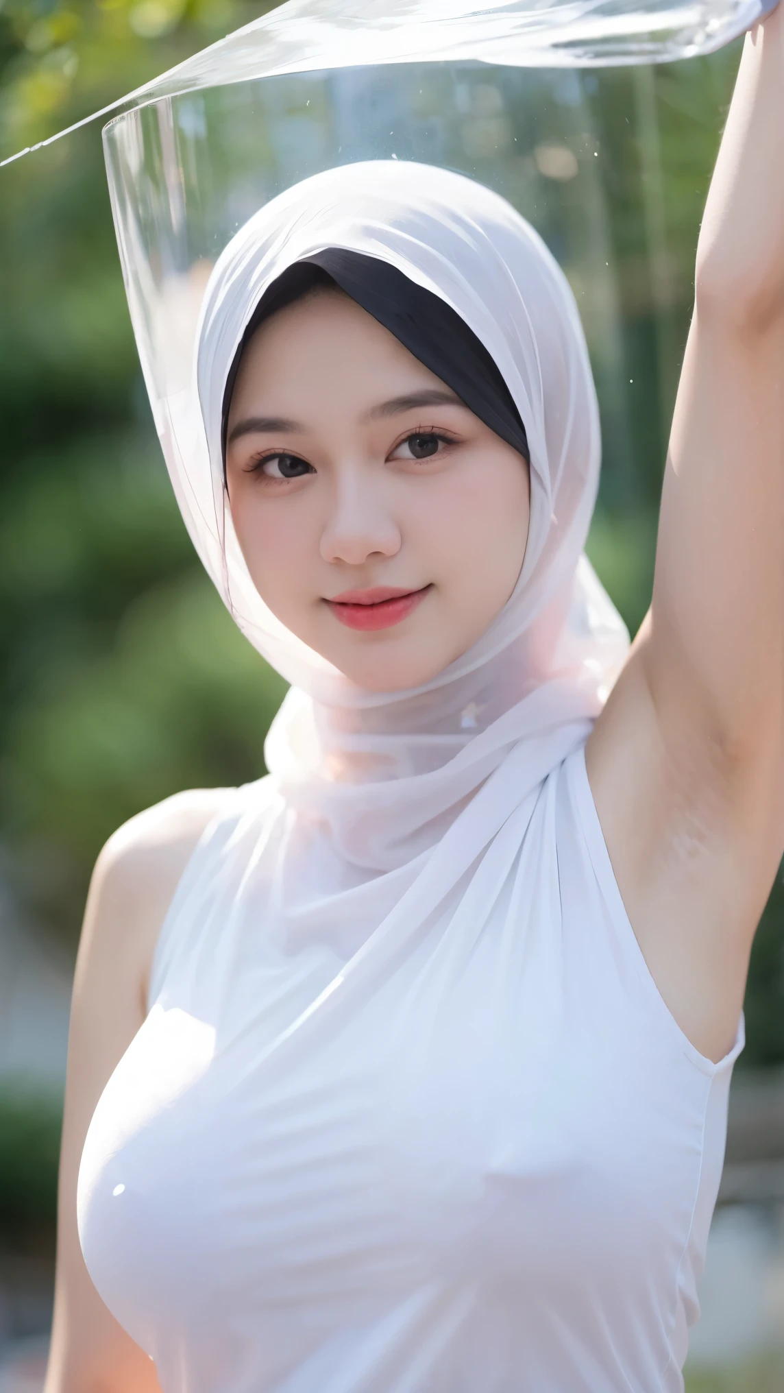 Beautiful Young 30 Years Old , Sleeveless , White Lace Hijab Women Potrait , Large Colossal Breasts , ((Transparent:1.3)) , Arms Up , ((Muscles:1.1)) , ((Bokeh:1.1)) , EF 24-70mm f/2.8L II USM , (Hand Sign) , Top of The Mountain , Fuji