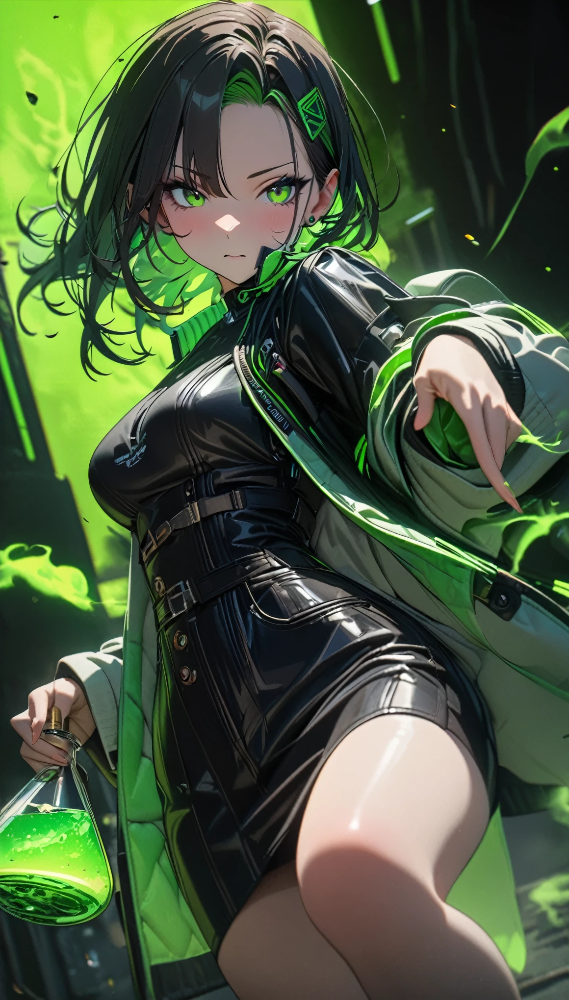 ultra detailed, masterpiece, 8k, 1girl, focus on girl, viper, lime green smoke, a girl holding flask containing green poison, cool, stylish code, dark, green, black