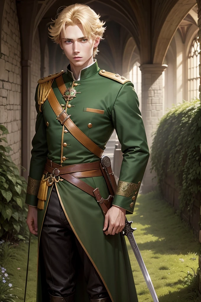 Niels Visser is a prince with golden blonde hair, Wearing moss green medieval military uniform, Staring straight ahead with sharp emerald green eyes. Full body with sword on waist