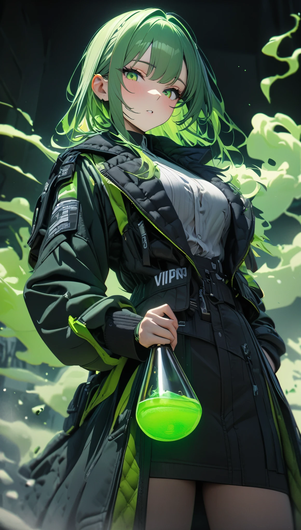 Extremely detailed, masterpiece, 8K, Angelic, 1 Girl, Focus on girls, Viper, lime green smoke, a girl holding flask containing green poison, Cool, Fashion Code, dark, green, Black