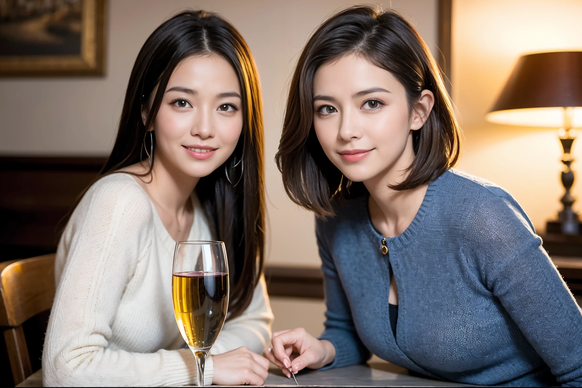 ((highest quality、8k、masterpiece:1.3))、Ray Dan lookalike beauty、1 male、1 female、Couple、Spouse、half、The body is slim、((Bob Hale、Straight hair:1.2)), (Realistic, Intricate details:1.2), Wine glass on the table、Shine light on your face、 Amazing view of the sunset sky and clouds、Amazing mountain views、A bright smile、The wonderfulness of smile、Bright image、The beauty of wine, Beautiful Face, blue eyes, The light shines on your face, Blushing, short hair,Bright Face、 (Age 44), 43 years old, red wine 、Appetizers、Italian food、Wine bottle、Champagne、sparkling wine、Two beauties、Brown Hair、Shortcuts、Long sleeve shirt、dress、Pretty Woman 1, (Slim face), (The body is slim), (Brown Hair), (Shortcuts), cheeks turn a little red,Attractive beauty、restaurant, In a prominent place (From the waist up) Nova Frog Style, actress, model, Upper Body, White wine, slim, wine glass, A wine glass placed in the center, smile, (smile: 1.15), Beautiful fine grain, Depth f/2,saturation, High Contrast, Strong light and shadow,Moist Body:1.5、3D texture、Delicate eyes、Brown Hair、The hair is very shiny、
