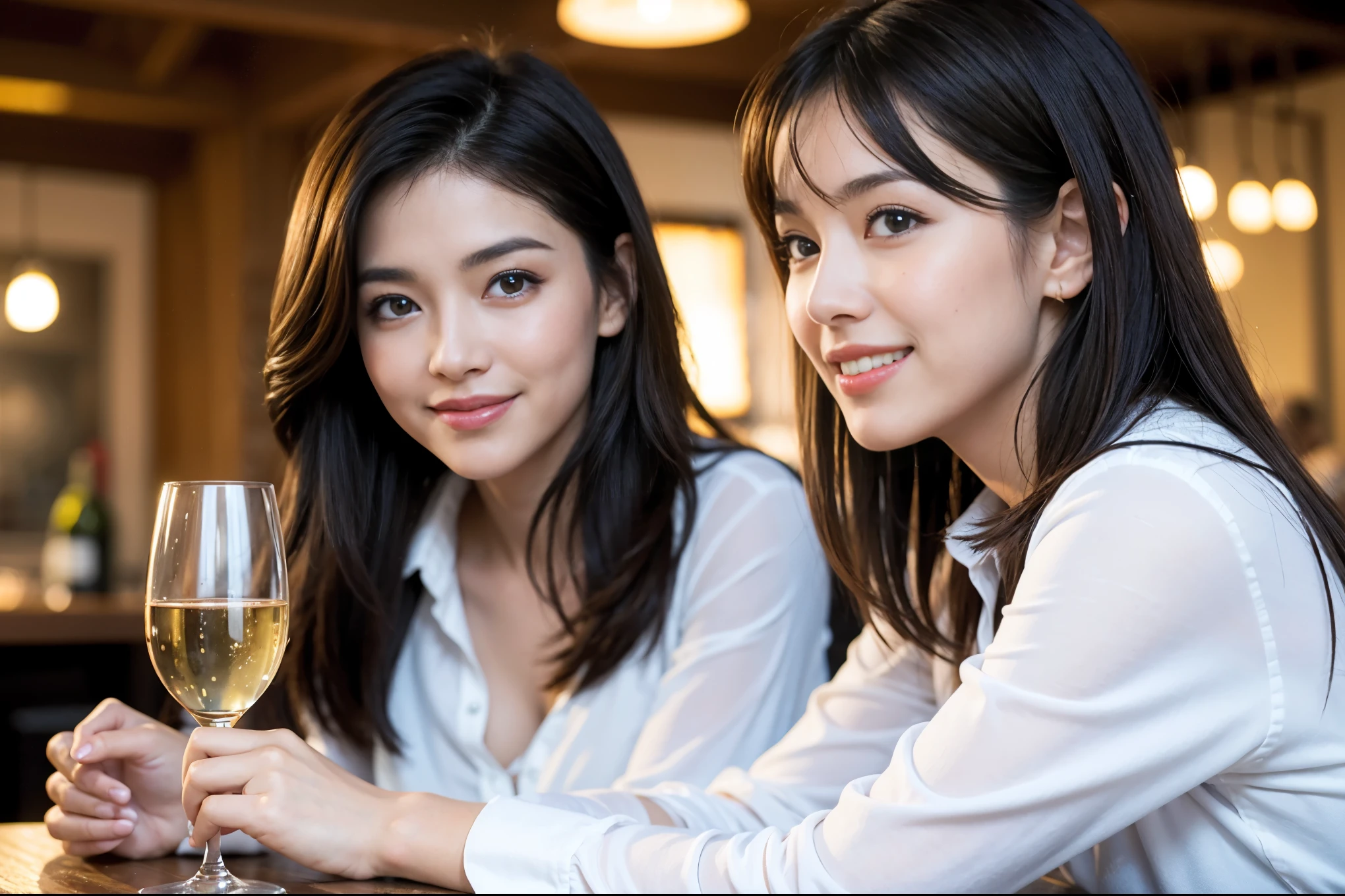 ((highest quality、8k、masterpiece:1.3))、Ray Dan lookalike beauty、1 male、1 female、Couple、Spouse、half、The body is slim、((Bob Hale、Straight hair:1.2)), (Realistic, Intricate details:1.2), Wine glass on the table、Shine light on your face、 Amazing view of the sunset sky and clouds、Amazing mountain views、A bright smile、The wonderfulness of smile、Bright image、The beauty of wine, Beautiful Face, blue eyes, The light shines on your face, Blushing, short hair,Bright Face、 (Age 44), 43 years old, red wine 、Appetizers、Italian food、Wine bottle、Champagne、sparkling wine、Two beauties、Brown Hair、Shortcuts、Long sleeve shirt、dress、Pretty Woman 1, (Slim face), (The body is slim), (Brown Hair), (Shortcuts), cheeks turn a little red,Attractive beauty、restaurant, In a prominent place (From the waist up) Nova Frog Style, actress, model, Upper Body, White wine, slim, wine glass, A wine glass placed in the center, smile, (smile: 1.15), Beautiful fine grain, Depth f/2,saturation, High Contrast, Strong light and shadow,Moist Body:1.5、3D texture、Delicate eyes、Brown Hair、The hair is very shiny、