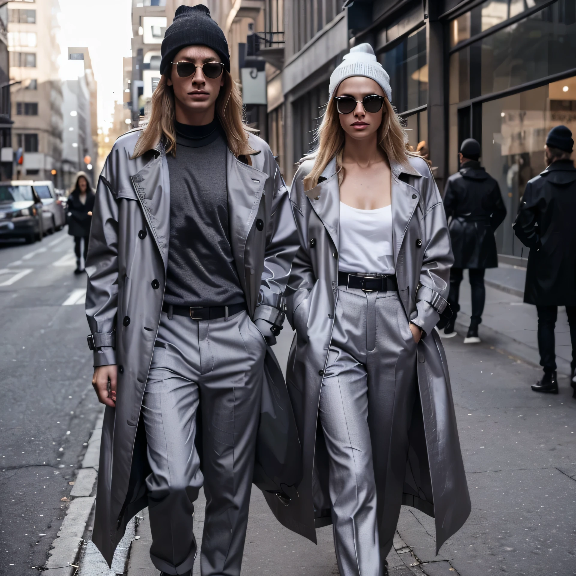 "A realistic detailed image of a blonde female and male model wearing oversized trench coats and office trousers in the streetwear style of Tom Ford . They have tattoos on her body and is wearing dark square sunglasses. The models are standing on the street, fully clothed and in a non-nude pose. Completing the ensemble, they are both wearing a winter oversize beanies, adding a touch of casual flair to the overall look." Color palette: metalic silver, white, light purple and black