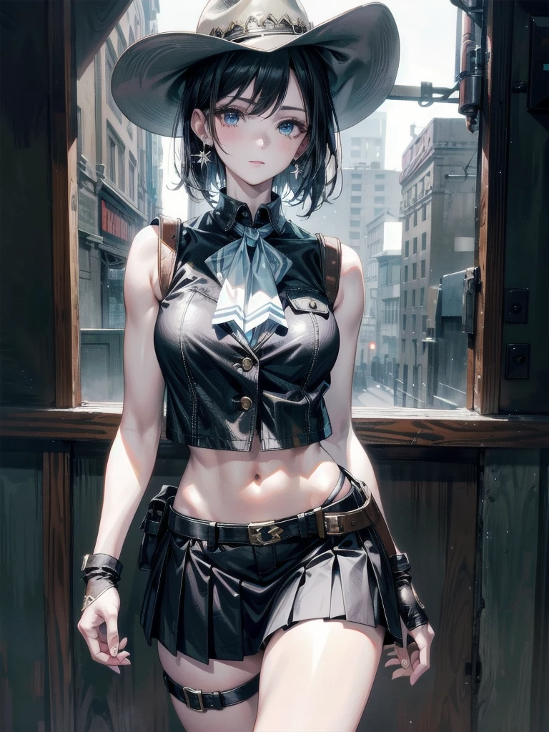 full body shot, cowgirl costume, vest, cowboy hat, fingerless gloves, midriff, neckerchief, short skirt, holster, absurdres, RAW photo, extremely delicate, extremely beautiful, masterpiece, Best Quality, ultra high resolution, 32k, hyperrealistic, ultra-detailed description, perfect anatomy, correct body, ideal ratio of body proportions, pale skin, 20 years old, detailed beautiful face, detailed beautiful face eyes, tearful mole, earring, short medium hair, black hair, big tits,
