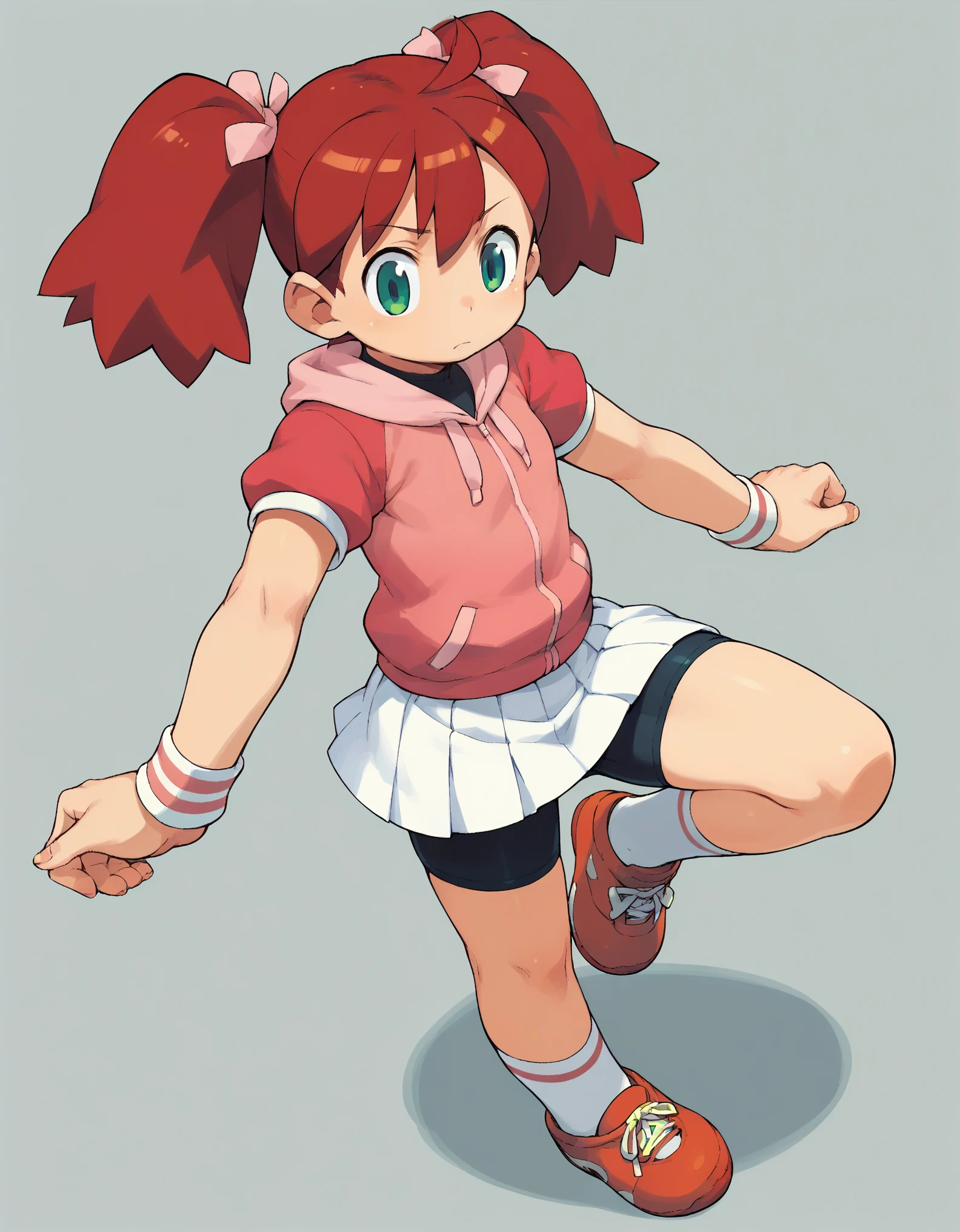 score_9, score_8_up, score_7_up, source_anime, solo,
ishikawa hideki style,red hair, twintails, green eyes, hair bow, pink hoodie, short sleeves, wristband, white skirt, bike shorts, socks, sneakers