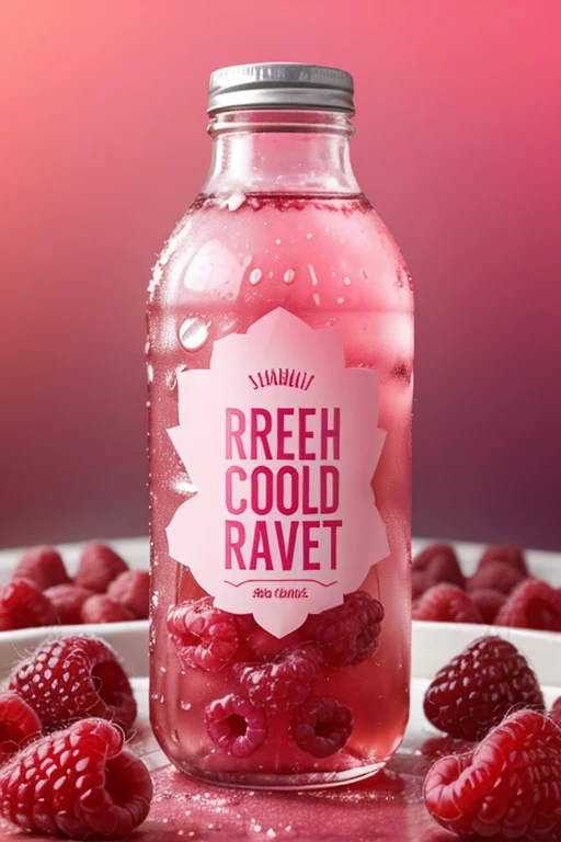 Create an image showing a chilled drink bottle with text on it "FRESH Raspberry"Surrounded by ice cubes and raspberries. There are water droplets and a pink-red glow around the bottle, suggesting that the drink is cool and refreshing. The focus on the bottle and bright colors make this image visually appealing, highlighting the freshness and flavor of the product.