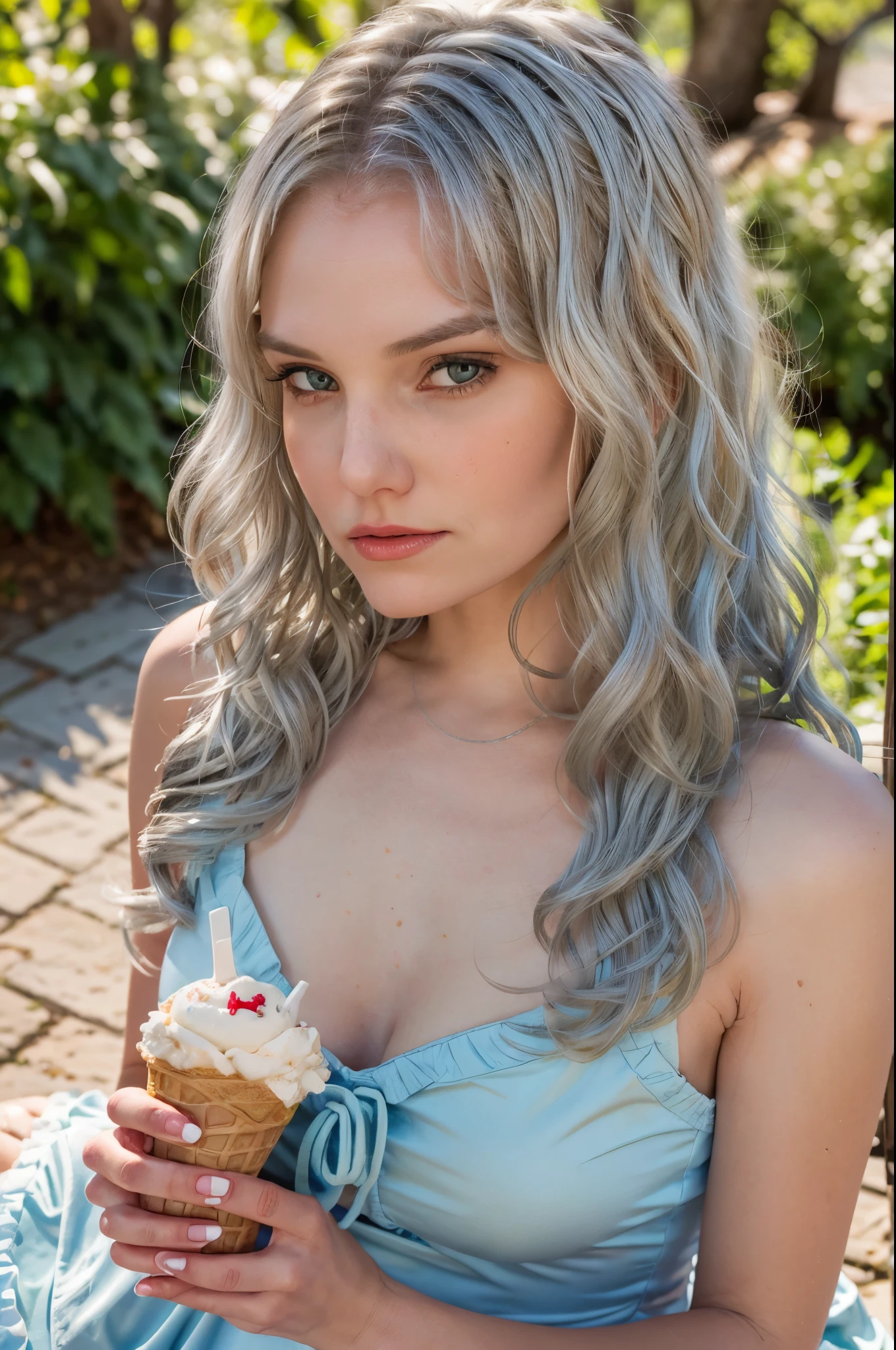 a close-up of a person holding an ice cream cone, sweet girl, woman with wavy silver hair, bangs, light blue eyes, red lips, tender green dress, liz.ashley