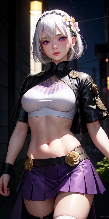Woman, (light skin:1.4), (intricate details:1.22), HDR, (intricate details, hyperdetailed:1.2), Full body, cinematic, intense, film composition, cinematic lighting, (rim lighting:1.3), color classification, cyberpunk city background, casual clothing, white hair
