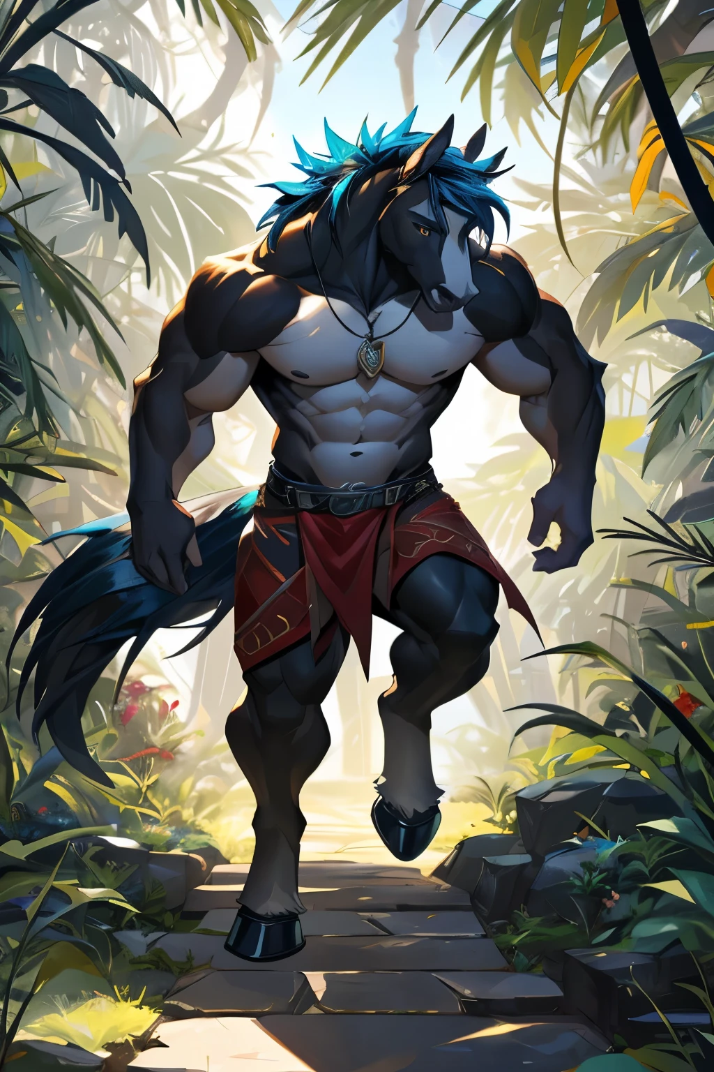 (By TrentFoxArt, by NightProwler, by ShadowWolfe99)
totally original, masterpiece, ultra high-resolution, detailed portrait, solo, aerial perspective, deep focus, dynamic motion, jungle, running, werehorse, muscular, anthro, horse-like body, brown fur, yellow irises, detailed facial features, thrilling expression, blue mane, flowing tail, lush plants, verdant foliage, dramatic shadows, vibrant setting, bright sun rays filtering through, detailed background, by TrentFoxArt, by NightProwler, by ShadowWolfe99, compelling atmosphere, open