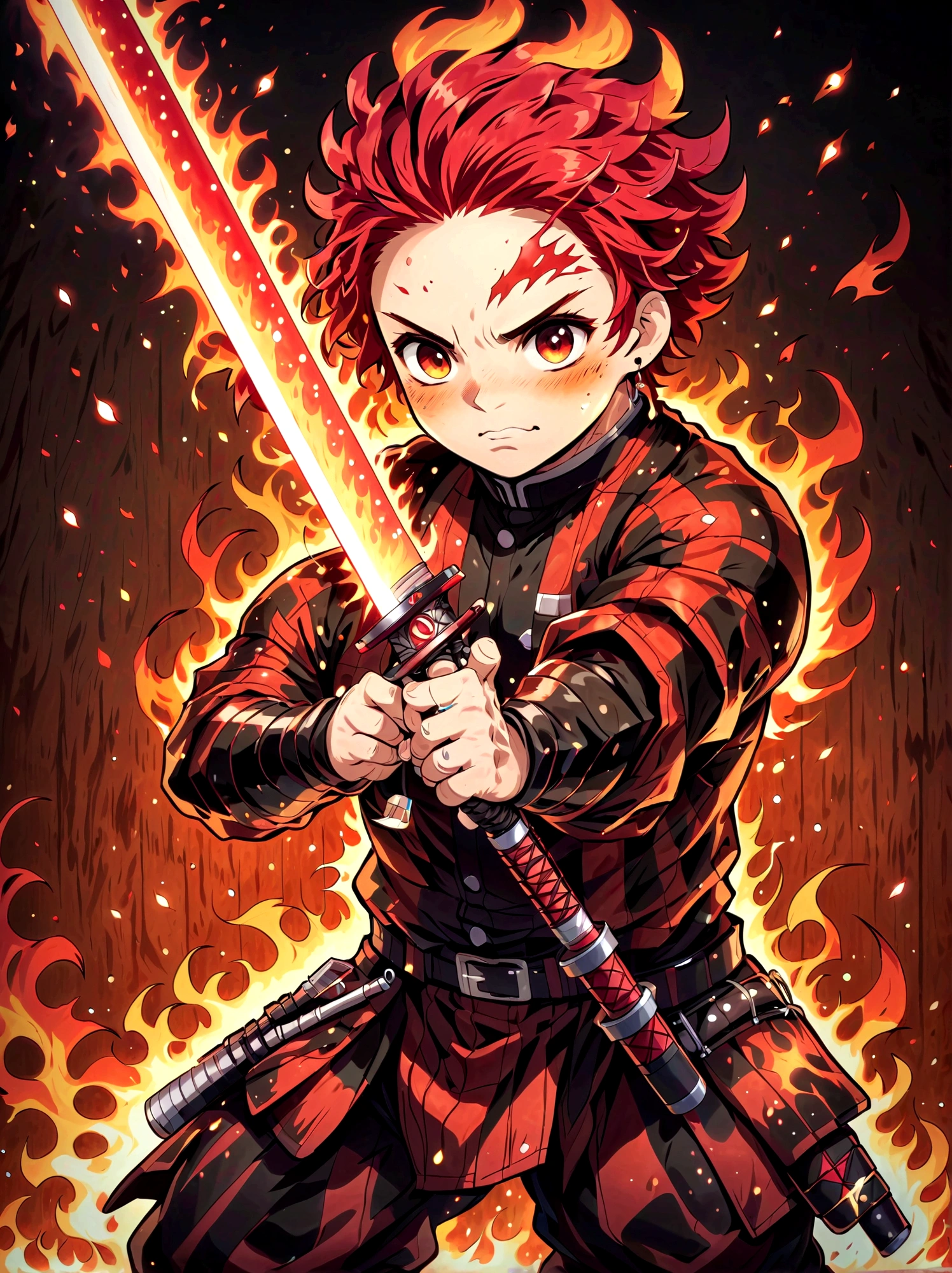 Kamado Tanjirou, Demon Slayer anime, Weapon Focus，Bright red hair, Sparkling red eyes，muscular，Intricate tattoos，(Holding a burning katana:1.5)，An element of danger and tension，Plaid clothes, demon slayer uniform, Black pants, fighting, Fire, explode, Dynamic poses, temple, Vision