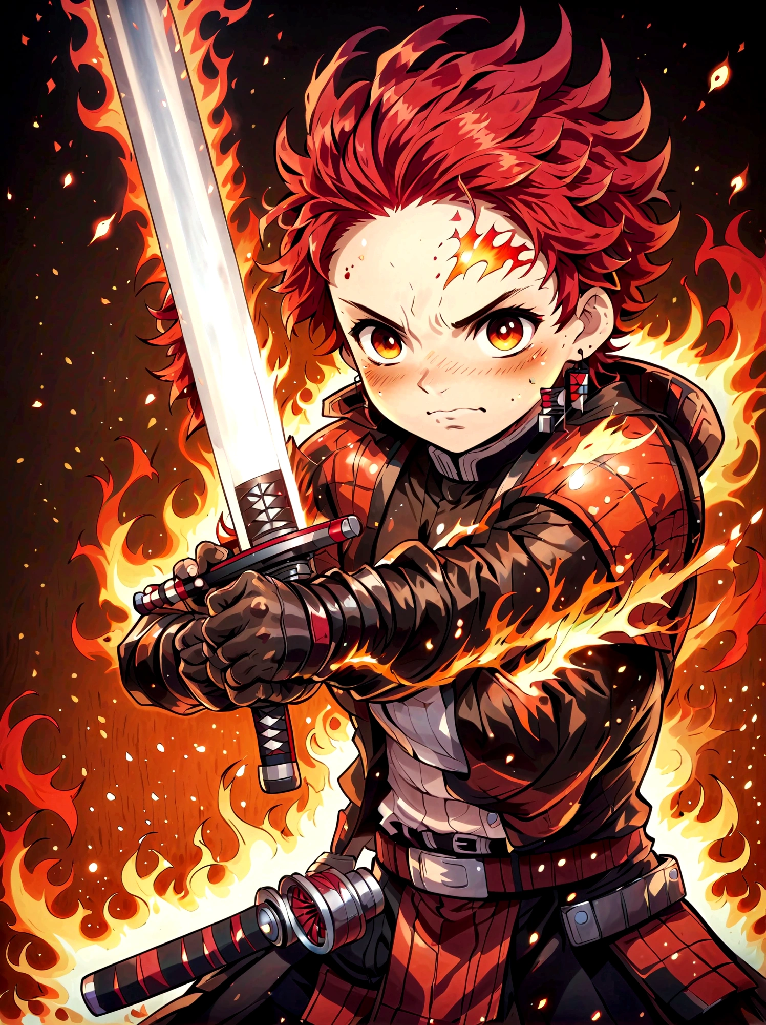 Kamado Tanjirou, Demon Slayer anime, Weapon Focus，Bright red hair, Sparkling red eyes，muscular，Intricate tattoos，(Holding a burning katana:1.5)，An element of danger and tension，Plaid clothes, demon slayer uniform, Black pants, fighting, Fire, explode, Dynamic poses, temple, Vision