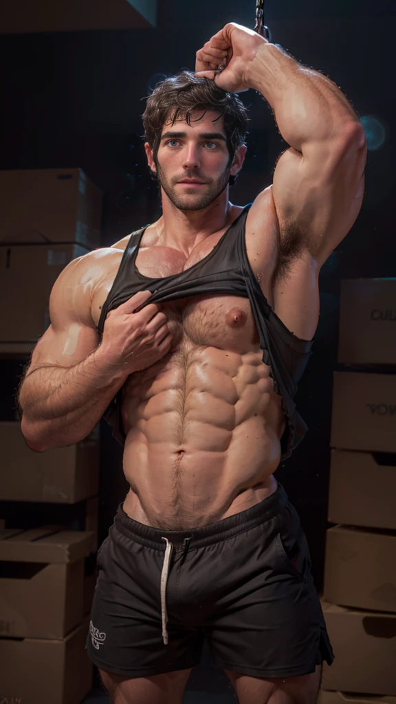 Masterpiece, denoise, void noise, one man, best quality, 8k resolution, male focus, focus only, amazing composition, volumetric lighting, super quality, elegant, Very detailed,, (frontal pose), -----------, 35 years old, mature face, muscular, thin body, Caucasian, ((((white skin)))), handsome, (detailed light-blue eyes, detailed eyes), (((light brown hair))), ((big ears)), (((hairy pectorals, thick plenty chest hair))), ((((pale skin)))), (((Medium length beard))), (((((Jim Sturgess))))), ------------, (((wearing slightly down black shorts))), (((mesh tank top lifting it up above pecs, lifting up top showing under pec))), (((big pink nipples)))