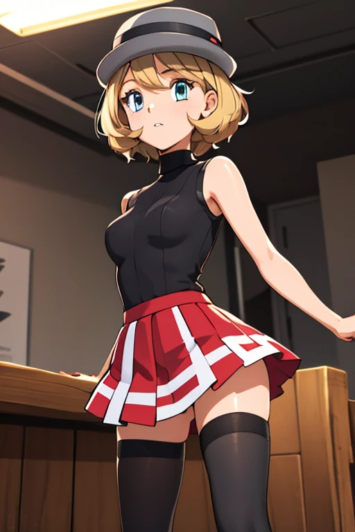 (masterpiece, best quality), 1girl,    pkmnserena, 1girl, solo, blue eyes, blonde hair, short hair, bangs, hat, grey headwear,, black shirt, turtleneck, sleeveless, red skirt, pleated skirt, black thighhighs,