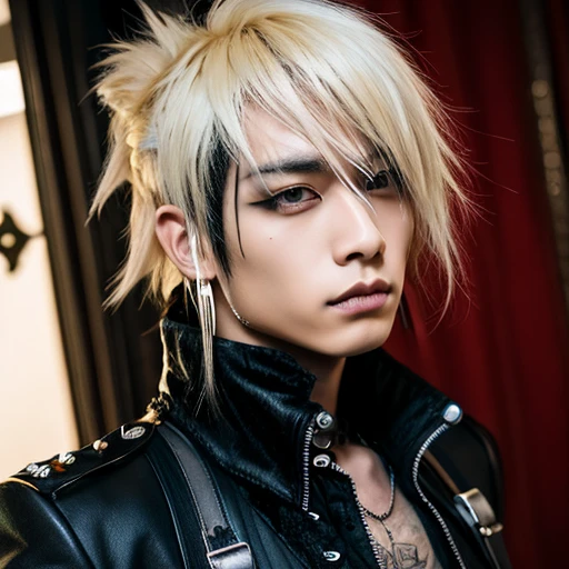 1 japanese male rocker, asien eyes, Visual Kai hairstyle, ultra detailed face and body, hyperrealistic, realistic representation, muscular, broad shoulders, tattoos gothic style, piercings, Visual Kei style, hairstyle Visual Kei, blond, 30 years old, age 30, outfit gothic streampunk, men's shirt and black pants, Asian eyes, eyes Asian, long hair, long hair