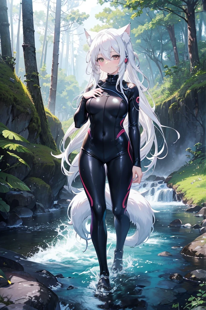 anime girl in a wetsuit with a cat ears and tail, seductive anime girl, white - haired fox, a sexy maid in a magical forest, white haired deity, anime style 4 k, beautiful alluring anime woman, best anime 4k konachan wallpaper, perfect white haired girl, white cat girl, badass anime 8 k, advanced digital anime art, white haired