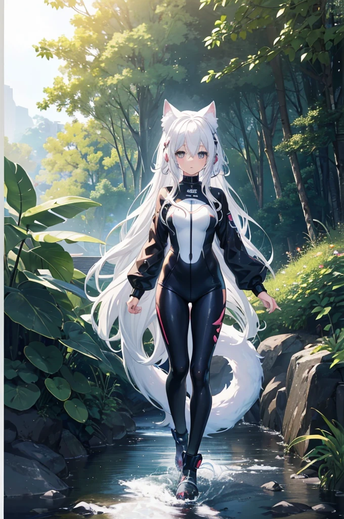 anime girl in a wetsuit with a cat ears and tail, seductive anime girl, white - haired fox, a sexy maid in a magical forest, white haired deity, anime style 4 k, beautiful alluring anime woman, best anime 4k konachan wallpaper, perfect white haired girl, white cat girl, badass anime 8 k, advanced digital anime art, white haired
