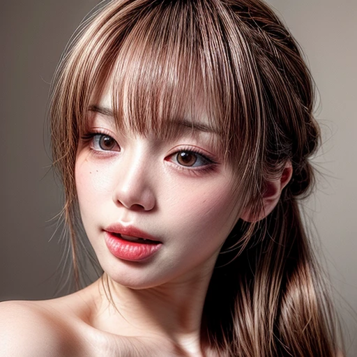(highest quality,Super detailed,Physically Based Rendering:1.2), Realistic,Portraiture,Beautiful young woman with Braided hair and captivating eyes,Delicate facial features,Soft lighting, Vibrant colors, ((Playfully licking fingers with tongue, Gently placing a finger in the mouth)),Subtle expressions of joy and anticipation,Romantic atmosphere, (Close-up shot of sensual lips),Cheeks turn slightly red,Sensual and sophisticated,A gentle and captivating gaze. centered, Studio gray background . Clear Whitening Skin with glowing DowneyHair .