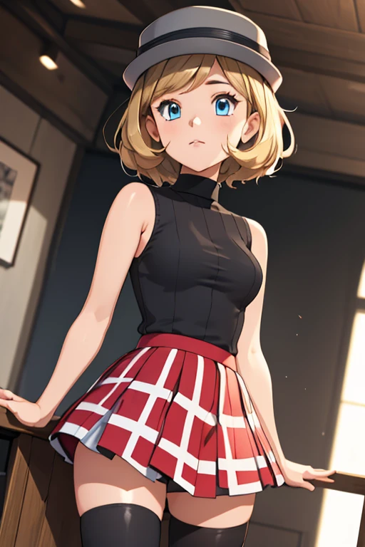 (masterpiece, best quality), 1girl,    pkmnserena, 1girl, solo, blue eyes, blonde hair, short hair, bangs, hat, grey headwear,, black shirt, turtleneck, sleeveless, red skirt, pleated skirt, black thighhighs,