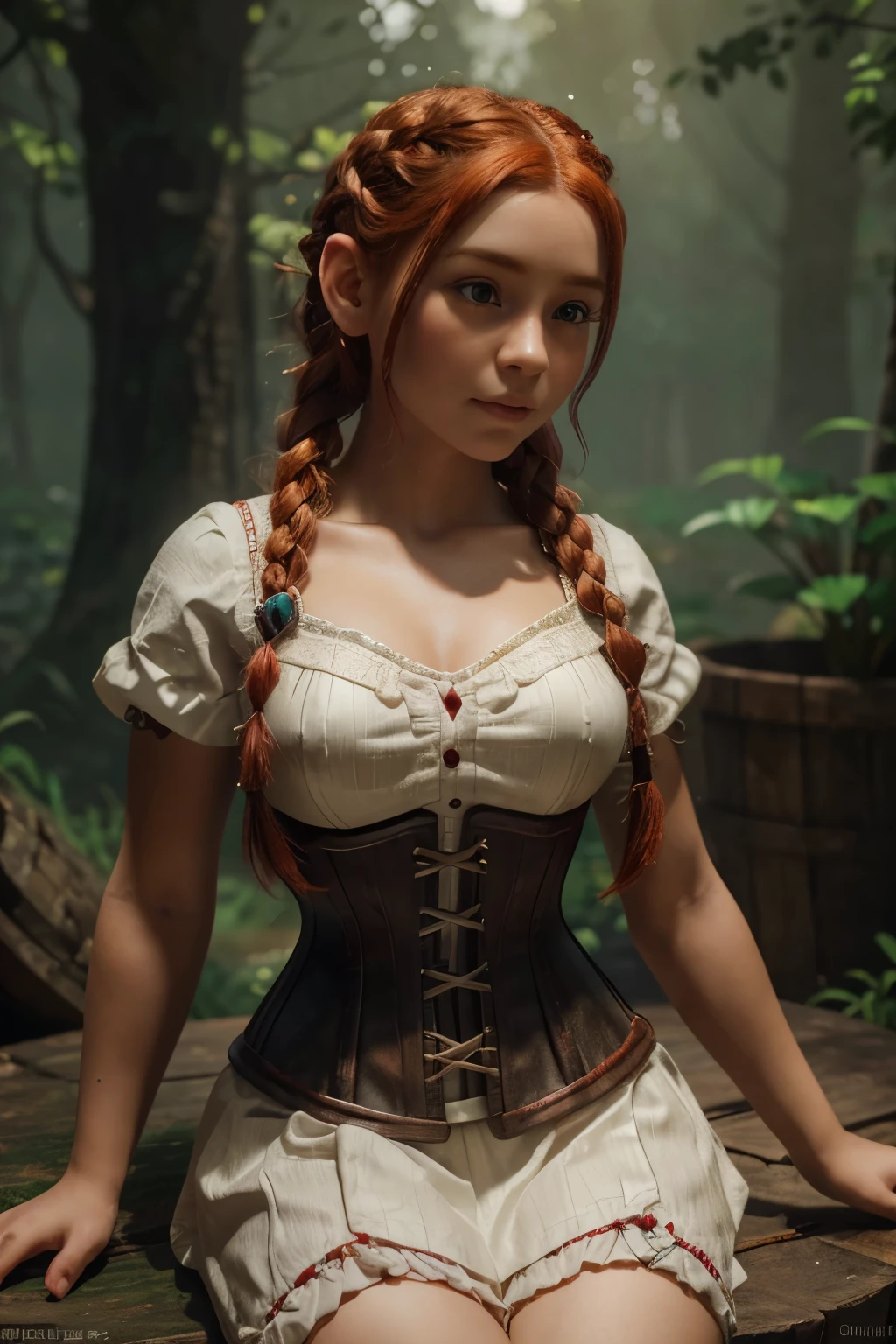 a small gnome girl with bright red hair in braids, wearing a corset and a white shirt, highly detailed, masterpiece, (best quality,4k,8k,highres,masterpiece:1.2),ultra-detailed,(realistic,photorealistic,photo-realistic:1.37),fantasy,intricate details,magical,whimsical,warm colors,soft lighting