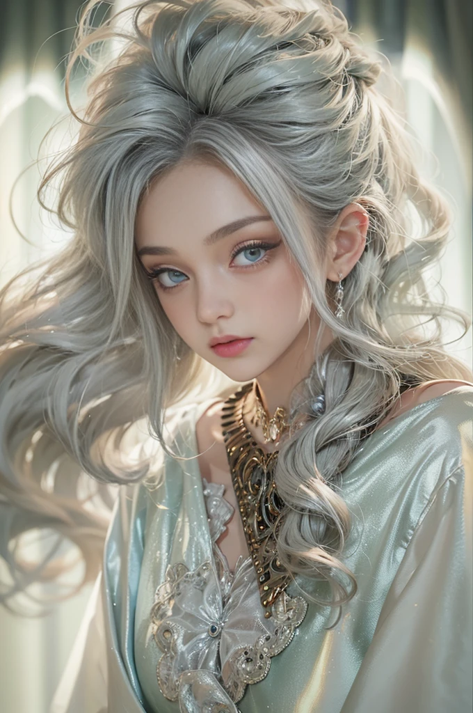 (best quality, masterpiece:1.2), ultra high resolution, realistic, front light, intricate details, Exquisite details and textures, 1 woman, alone ,(young), Face Highlights, upper body, detailed face, Tear points, White skin, silver hair, ponytail, braid, looking at viewer, big eyes, silk robe, (hollow pattern, White, silk), earring, , slim body, Luxury Room, professional lighting, photon mapping, radio city, Physically Based Rendering,