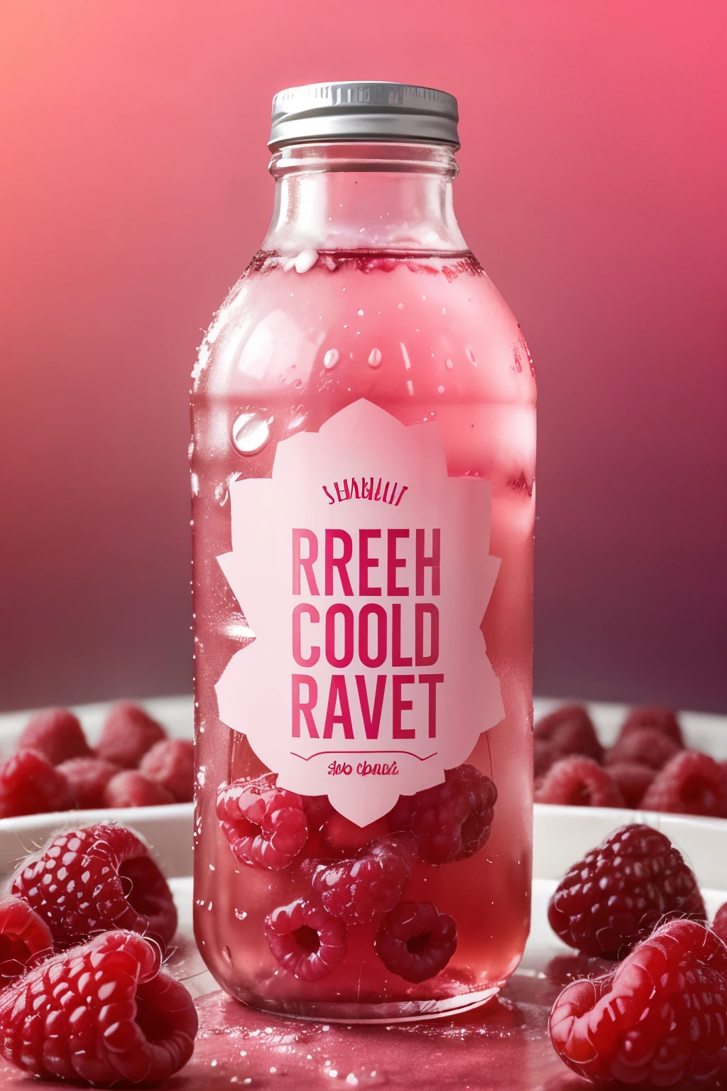 Create an image showing a chilled drink bottle with text on it "FRESH Raspberry"Surrounded by ice cubes and raspberries. There are water droplets and a pink-red glow around the bottle, suggesting that the drink is cool and refreshing. The focus on the bottle and bright colors make this image visually appealing, highlighting the freshness and flavor of the product.