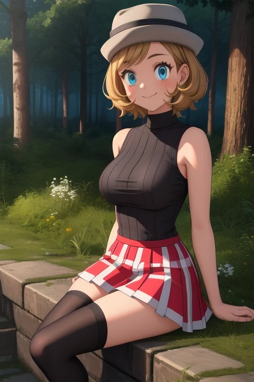 pkmnserena, 1girl, solo, blue eyes, blonde hair, short hair, bangs, hat, grey headwear,
black shirt, turtleneck, sleeveless, red skirt, pleated skirt, black thighhighs,
smile,closed mouth,cowboy shot,sitting,
forest,outdoor,
(insanely detailed, beautiful detailed face, masterpiece, best quality) cinematic lighting,