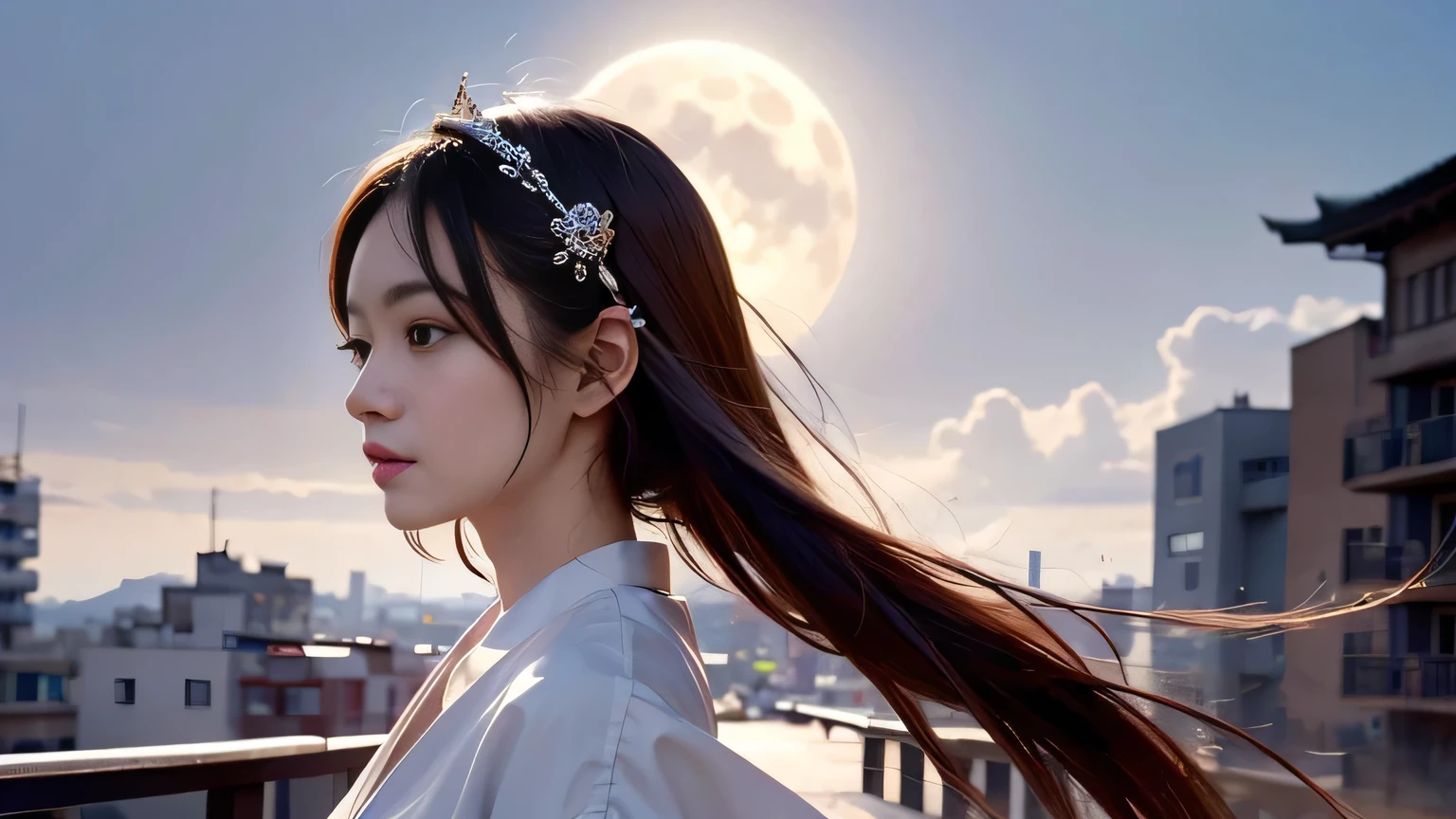 A 20-year-old Japanese woman with a beautiful profile like a popular actress。For crystal clear white skin、A slightly sad expression, as if she had been heartbroken。Her very long and beautiful hair is impressive.。Wearing the latest fashionable clothes。A large moon is floating in the background。Realistic images as if they were taken with a high-performance camera。High image quality。