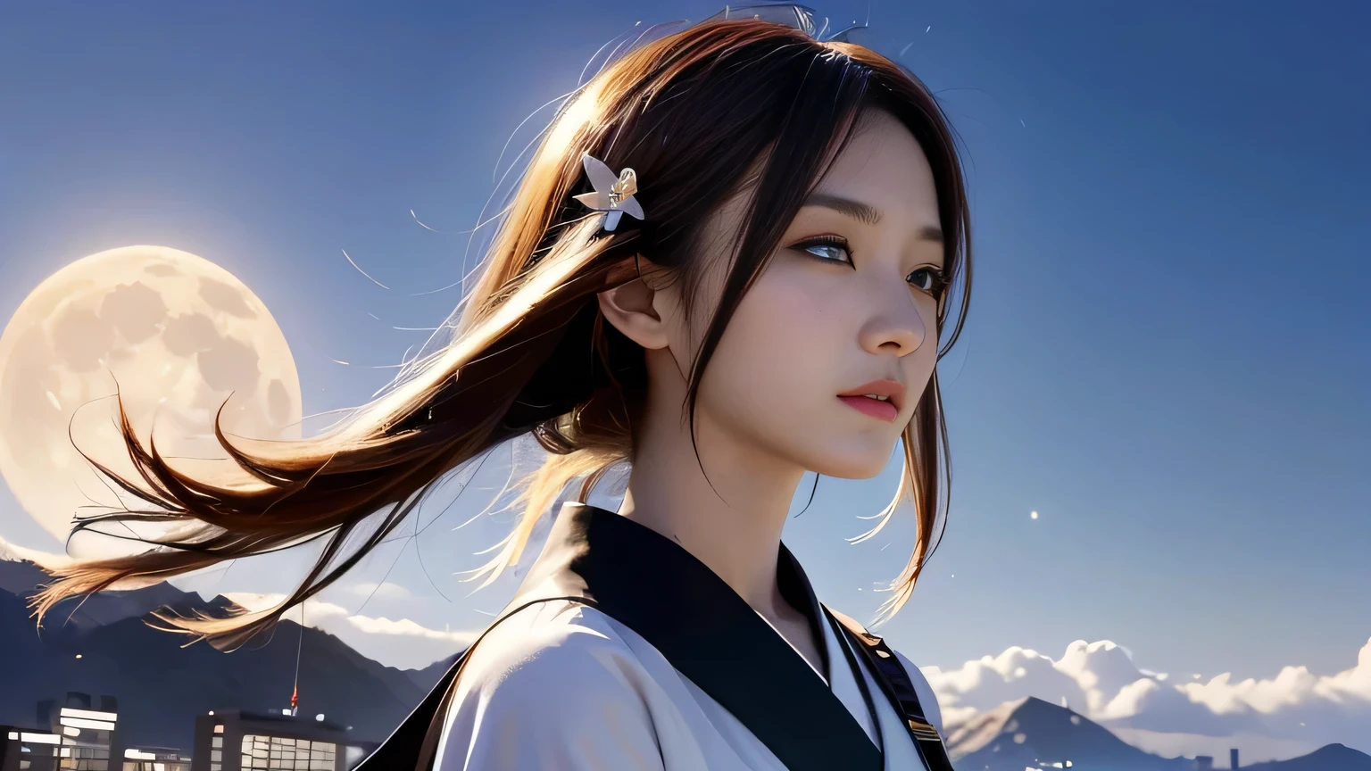 A 20-year-old Japanese woman with a beautiful profile like a popular actress。For crystal clear white skin、A slightly sad expression, as if she had been heartbroken。Her very long and beautiful hair is impressive.。Wearing the latest fashionable clothes。A large moon is floating in the background。Realistic images as if they were taken with a high-performance camera。High image quality。