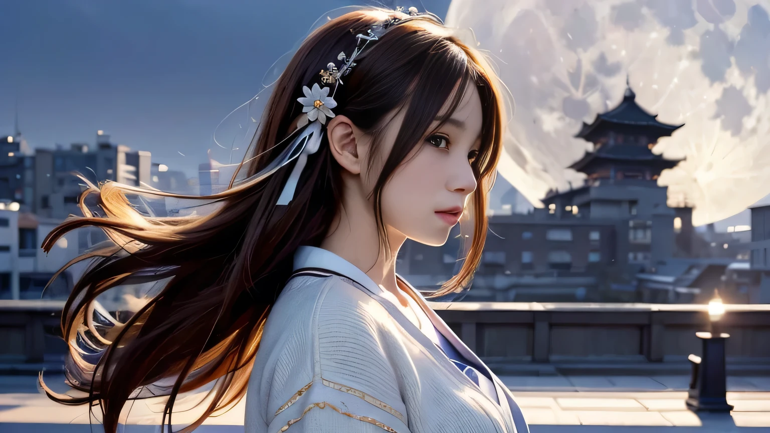 A 20-year-old Japanese woman with a beautiful profile like a popular actress。For crystal clear white skin、A slightly sad expression, as if she had been heartbroken。Her very long and beautiful hair is impressive.。Wearing the latest fashionable clothes。A large moon is floating in the background。Realistic images as if they were taken with a high-performance camera。High image quality。