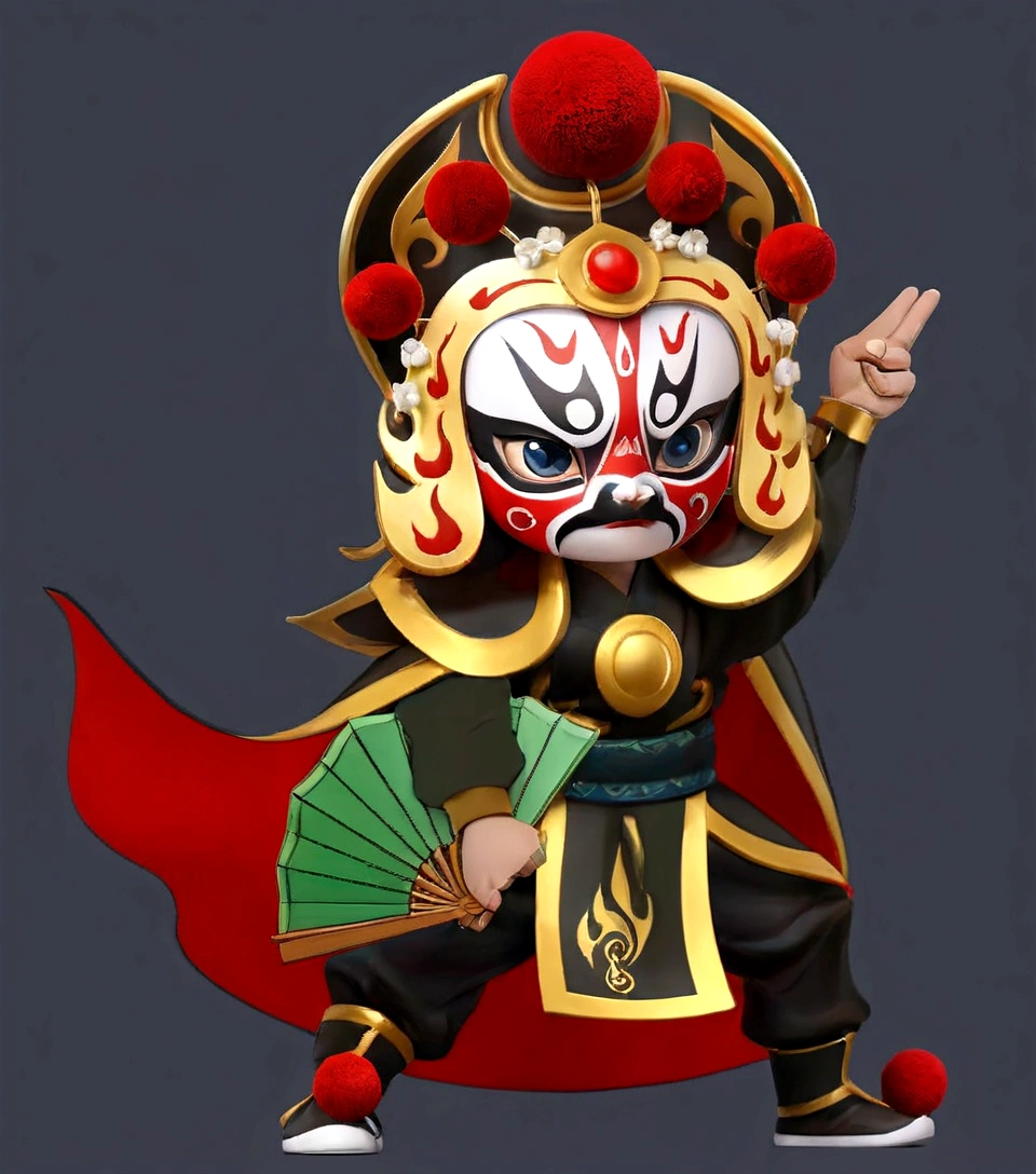 A cartoon character of a man with a mask and a fan, Close-up of a cartoon character wearing a red cape, Peking Opera, Inspired by Pu Hua, Inspired by Hu Zaobin, Inspired by Wu Bin, Ashura,From Chinese mythology,3D Intellectual Property Design, Pop Matt Style, Blind Box Toys, A super cute Chinese boy with Chinese Sichuan Opera characters, Chinese Traditional Festivals, Red, Black clothing,Happy, kung fu pose, Studio Lighting, Clean background, 3D, c4d, Blender, Redshift, Super detailed,
