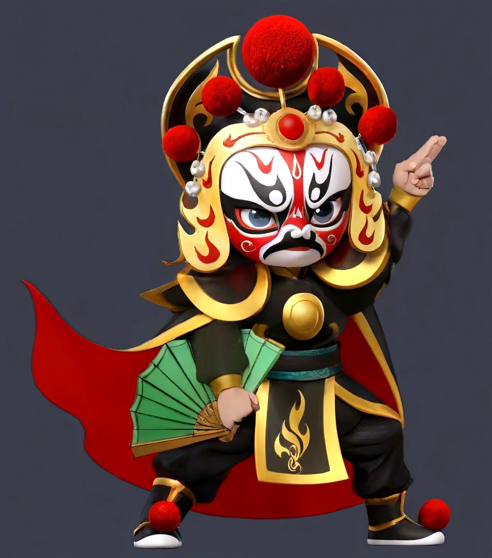 A cartoon character of a man with a mask and a fan, Close-up of a cartoon character wearing a red cape, Peking Opera, Inspired by Pu Hua, Inspired by Hu Zaobin, Inspired by Wu Bin, Ashura,From Chinese mythology,3D Intellectual Property Design, Pop Matt Style, Blind Box Toys, A super cute Chinese boy with Chinese Sichuan Opera characters, Chinese Traditional Festivals, Red, Black clothing,Happy, kung fu pose, Studio Lighting, Clean background, 3D, c4d, Blender, Redshift, Super detailed,