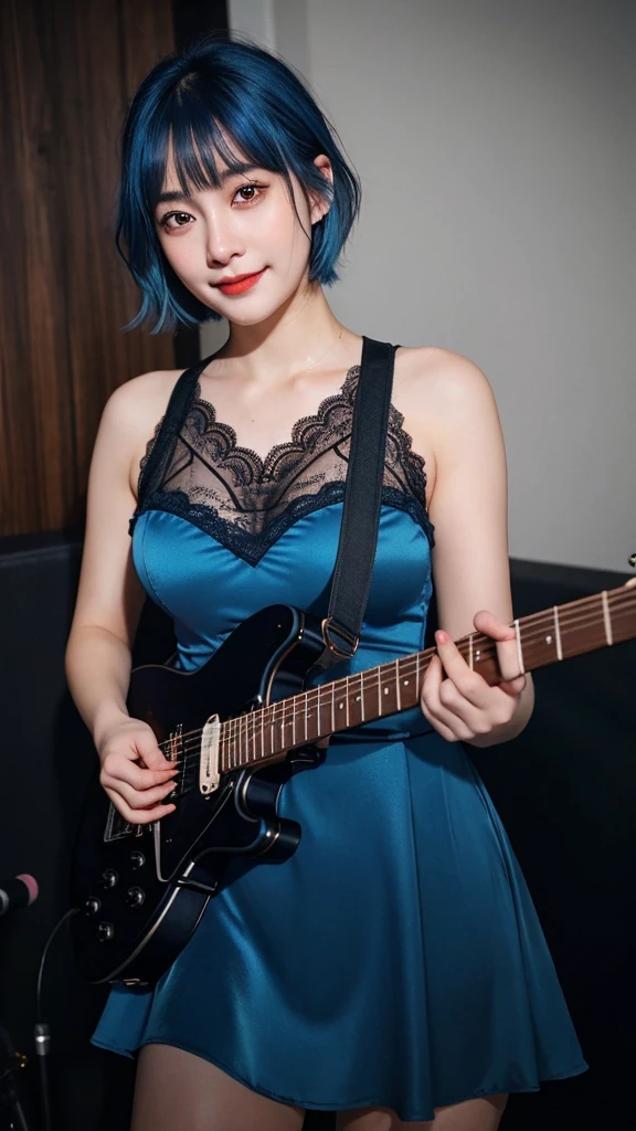 ((best quality)), photorealistic, photorealism, Photorealistic, high resolution, ((Wearing sexy lace dress))、smile、A superb beauty、Super cute、ennui、Rare beauty、Very Short hair、Black Dark Eyeshadow、Sad、white skin、pale skin, Very short hair layered、Dark Gothic Makeup、Cute Smile、Fragrant beauty、Stained glass background、Mastepiece、Best Quality、Refers to 5 books、Sweat glistening on my chest、Sweat glistening on my face、Medium breasts、Blue hair、Age 20 years old、Mysterious look、A sad expression、Blue Hair、Glamorous concert stage、enchanting castle、Sweating profusely all over the body、A lot of sweat and light on the thighs、Shiny thighs、Plenty of sweat glistening on the thighs、A large amount of sweat glistens on my thighs、Sweating profusely、Gal、Medium breasts、Beautiful face、Alluring expression、Thin thighs、Playing electric guitar、I have an electric guitar、Sing a song enthusiastically、Playing guitar in a band、Rock band、Playing guitar chords、Live House Background、Sing a song、Open your mouth、Live house scenery、Mike stand、Glamorous live stage、Dynamic Angle、cinematic lighting